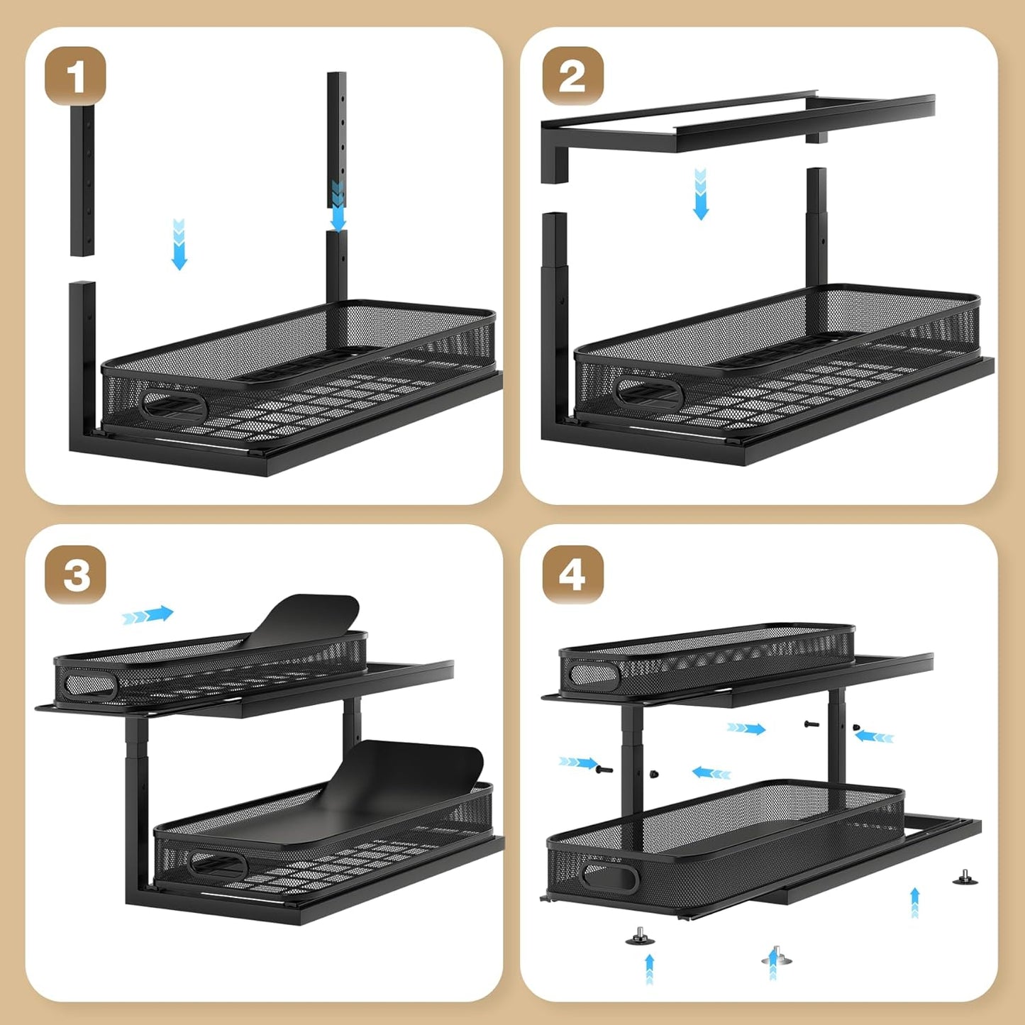 2-Pack 21.3 IN Depth Under Sink Organizer With Next-Gen Ball-Bearing Slides,Sophisticated Mesh 2-Tier Pull Out Shelf for Kitchen & Bathroom,Fits Small Items-Black