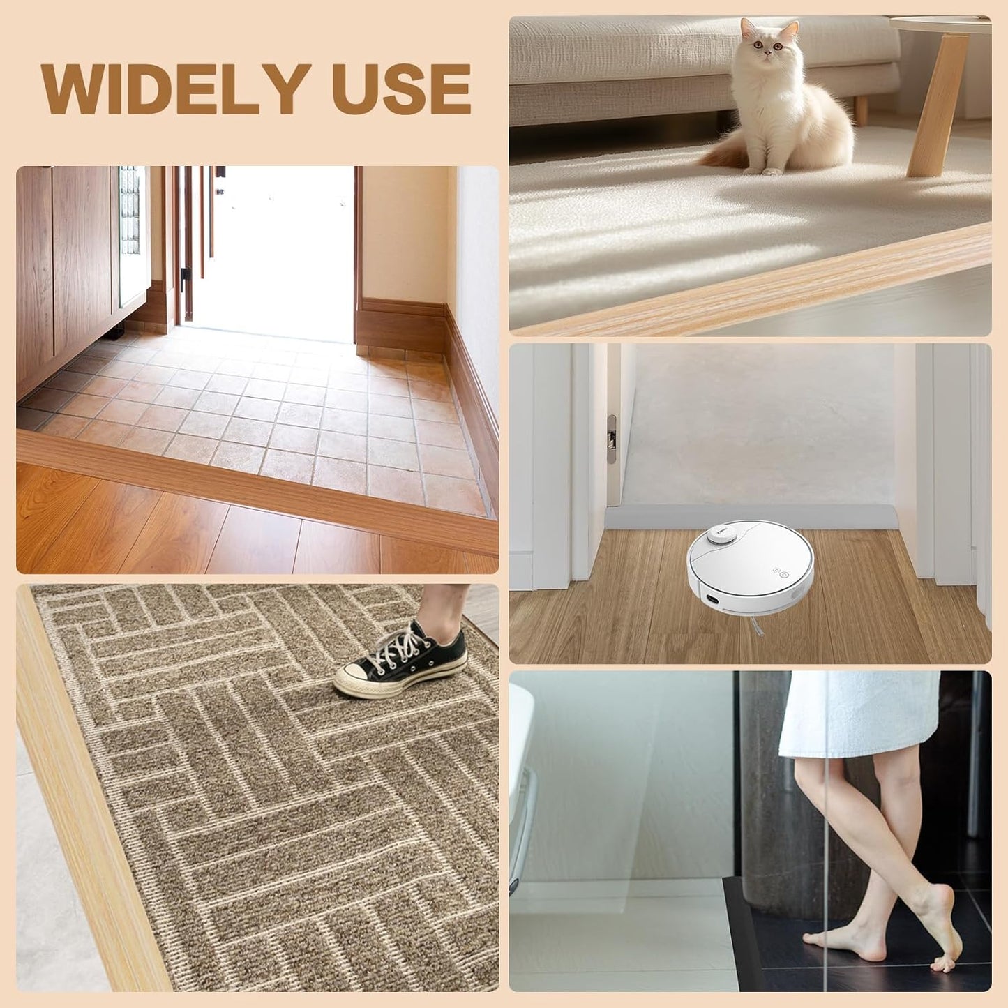 Floor Transition Strip Vinyl Door Threshold Ramp Self Adhesive Carpet Edging Strip Doorway Edge Trim, Overlap Edge Reducer for Laminate Carpet, Floor, Tile (Light Yellow Grain, 3/5" to 4/5", 3.3Ft)