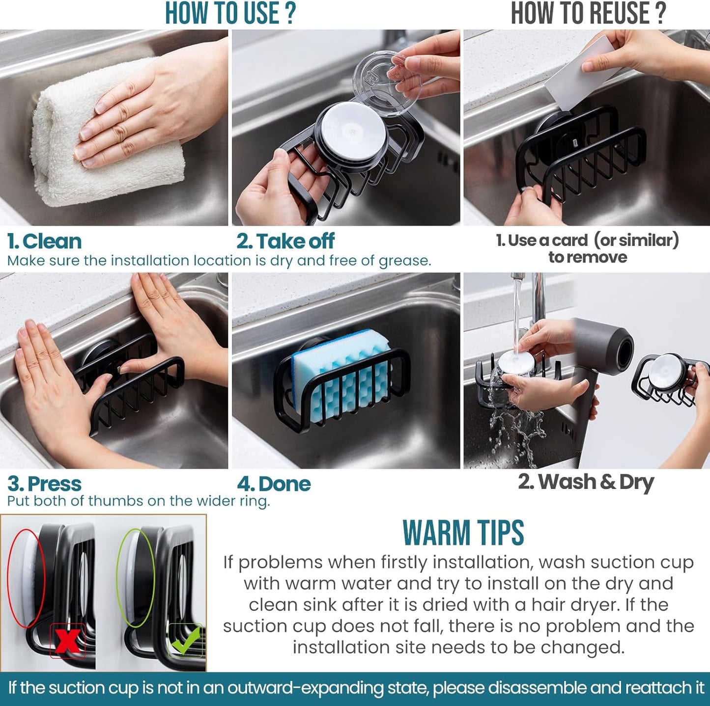 TAILI Sponge Holder for Kitchen Sink with Strong Suction Cup, Rustproof Aluminum Sink Caddy, Removable Sponge Holder, Dish Brush for Scraper - Black