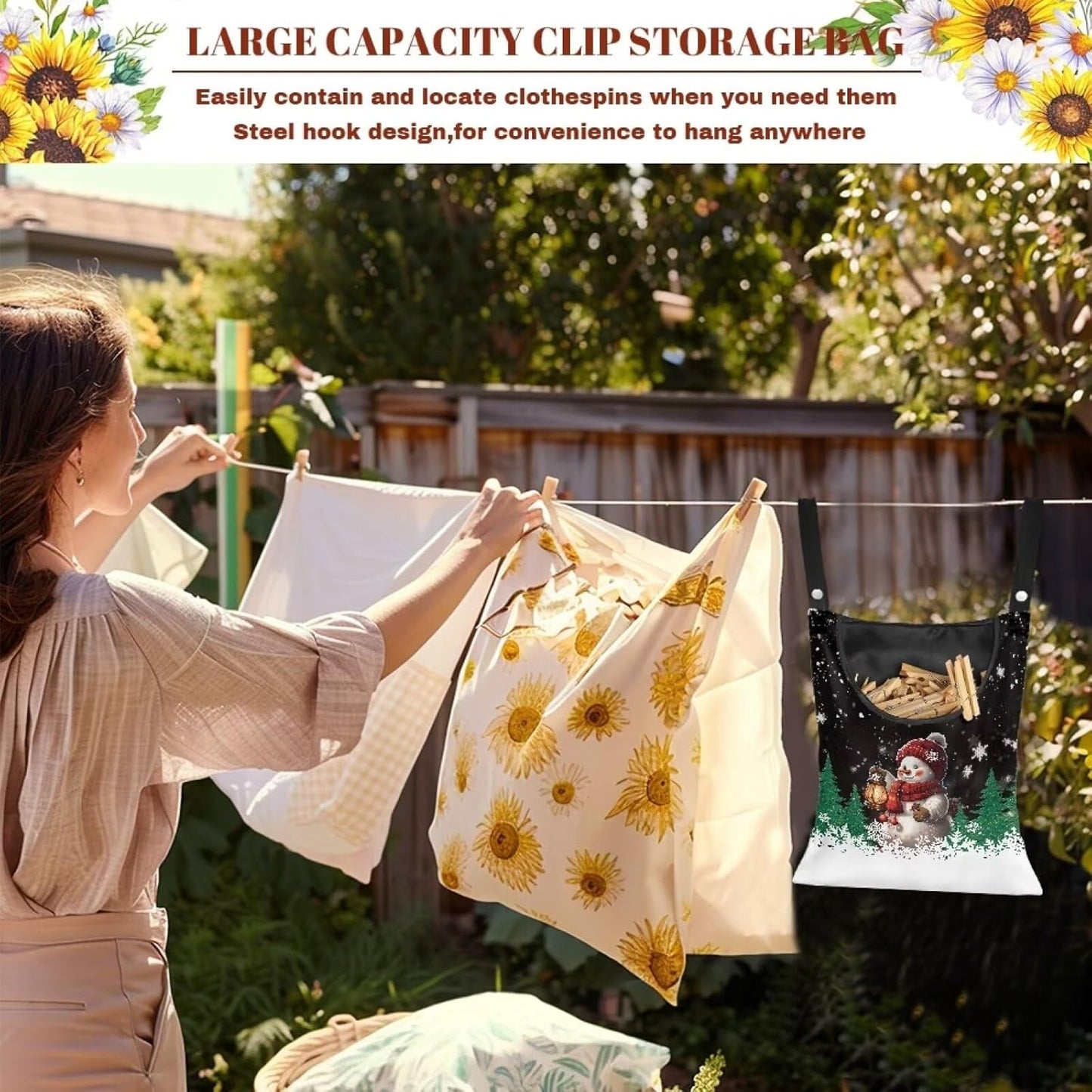 2 Pcs Snowman Clothes Pin Hanging Bag, Large Capacity Clothespin Bag with A Large Opening,Clothes Pin Hanging Bag Space-Saving Organize Clothespin Bag for Clothesline Outdoor