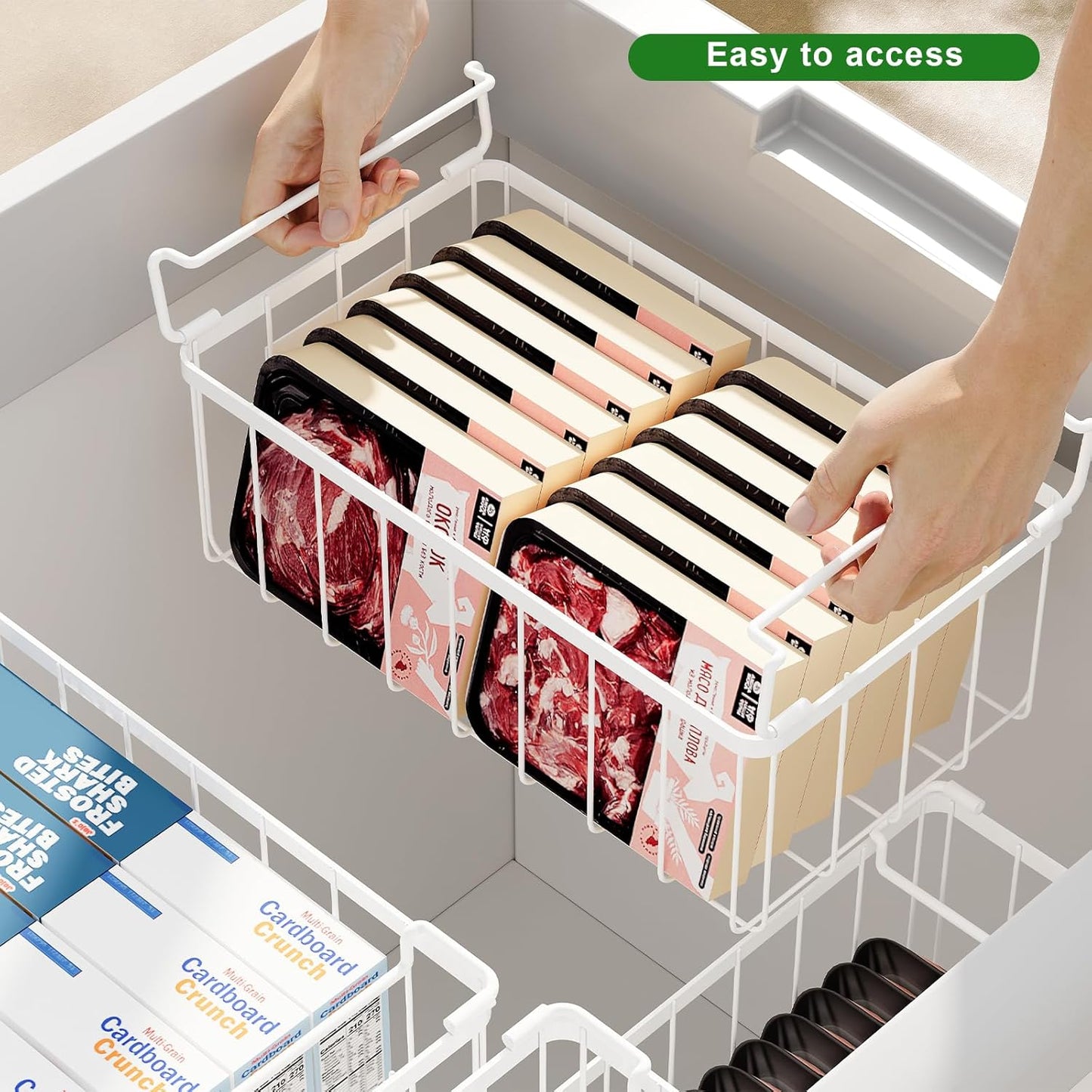 Freezer Storage Organize Baskets - 8 Pack Stackable Deep Freezer Organizer Bins for Most 7 Cu.FT Chest Freezer with Handles, Sturdy but Light, Metal Coated, Add Space, Easy to Reach