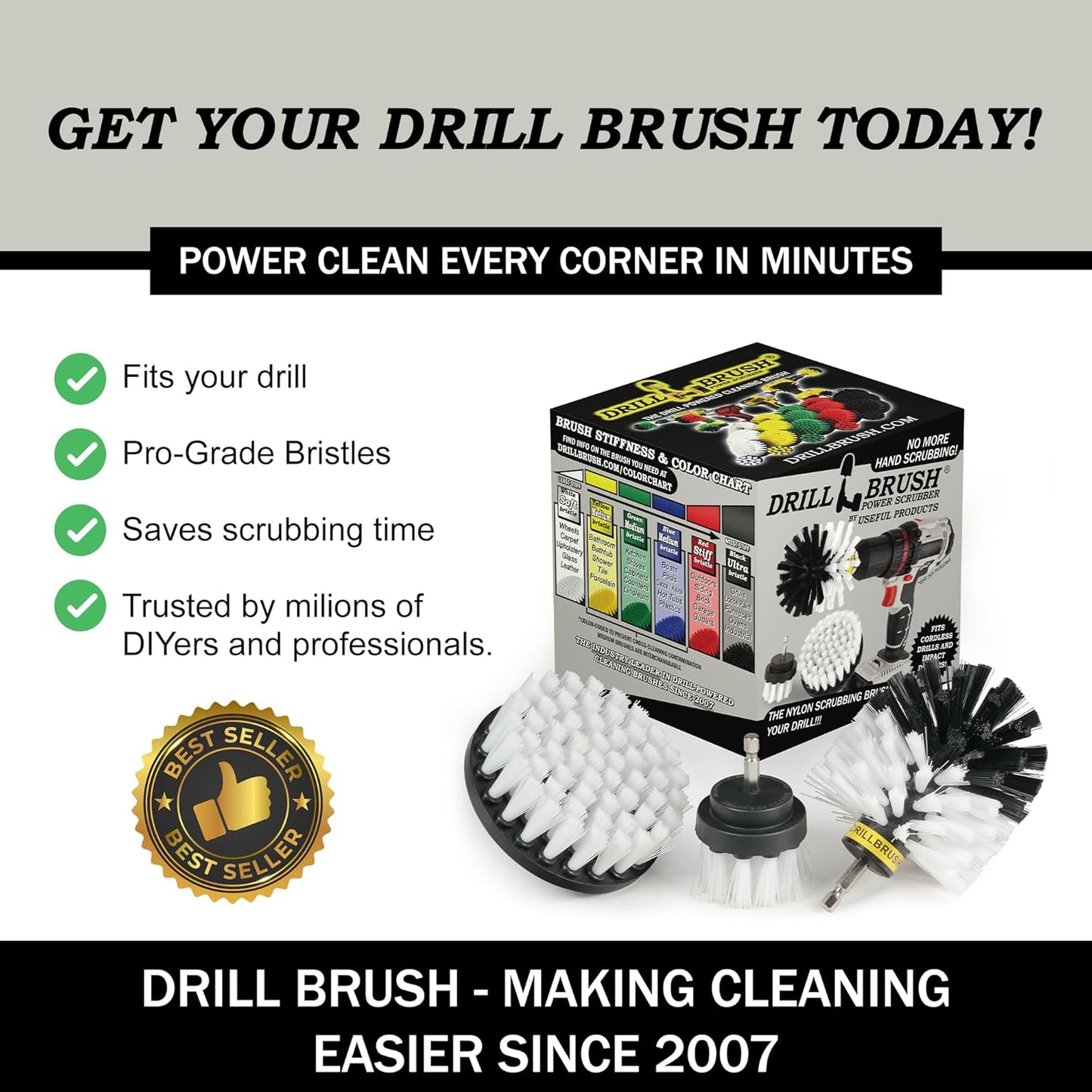 Drillbrush Car Detailing Kit | Drill Brush Set – Soft Bristle Power Scrubber Attachments for Cleaning Car Interior, Upholstery, Carpet, Seats, Wheels, Rims, Dash, Console, and Trim - Nylon Scrub Brush