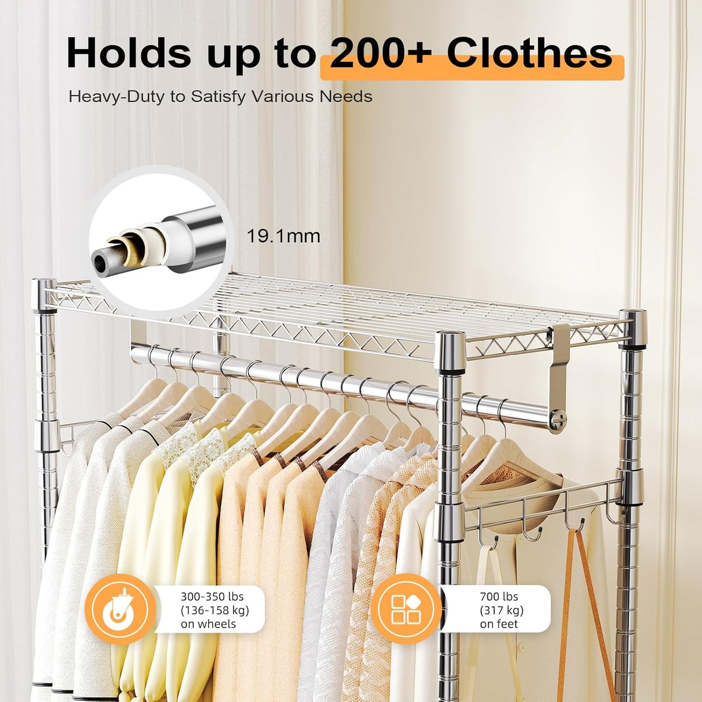 Heavy Duty Rolling Garment Rack 3 Tiers Adjustable Wire Shelving Clothes Rack with 2 Rods and Side Hooks,Storage Closet Clothing Rack with Wheels Chrome 15.7" D x 29.5" W x 74.5" H