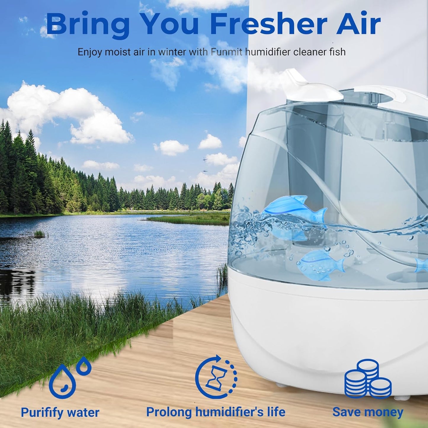 Funmit 12 Pack Universal Humidifier Cleaner Fish Compatible with Almost All Humidifiers and Fish Tanks, Purifies Water, Prevents Hard Water Build-Up, Reduces Scale, Blue