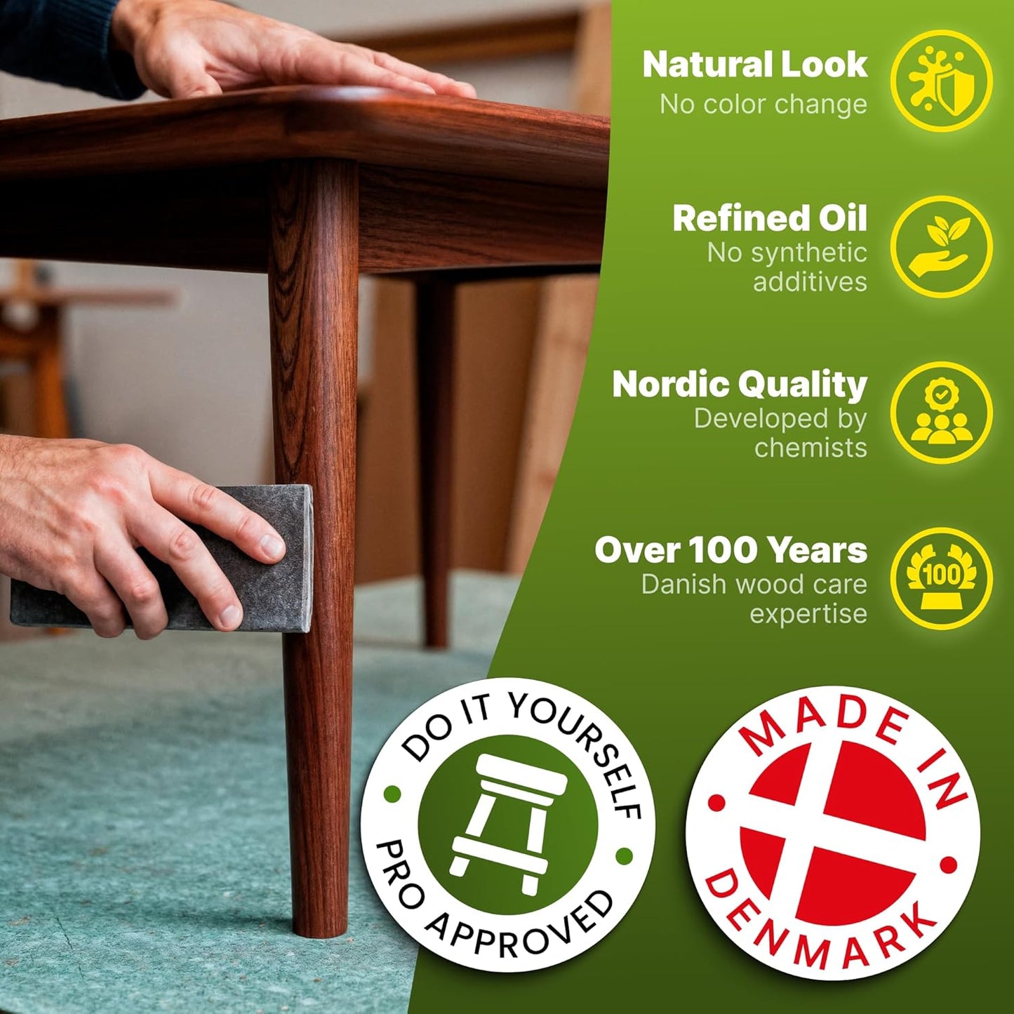 Nordicare Wood Oil Colorless - Premium Walnut Oil, Teak Oil, Wood Oil Furniture for Oak, Beech, Teak, Walnut, Pine, Larch - Natural Furniture Wood Oil - Made in Denmark - for Indoor Use (16.9 oz)