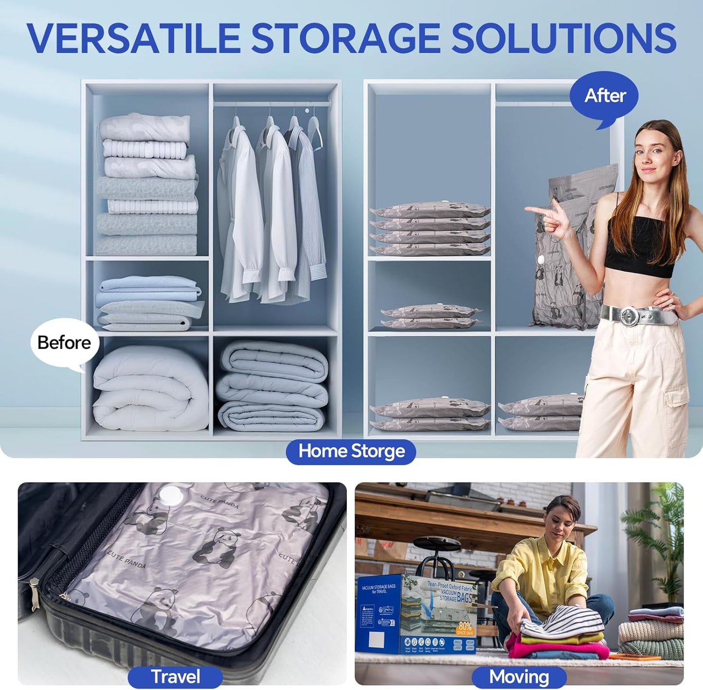 8 Pack Tear-Proof Jumbo Vacuum Storage Bags with Pump, Oxford Fabric Reusable Space Saver Extra Large Vacuum Seal Bags for Clothing, Bedding, Travel Luggage, Blankets and Comforters