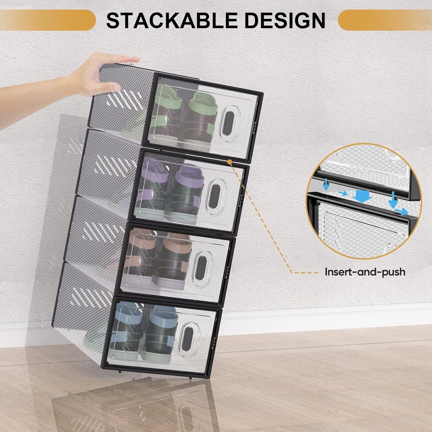 BALEINE 12 Pack Stackable Shoe Storage Boxes Fit Size 9, Thickened Clear Shoe Box Bins with Lids, Plastic Foldable Organizer Sneaker Storage Containers (Large, Black)