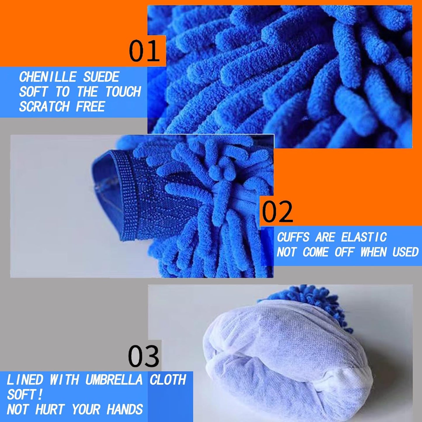 Raeyuan Car Wash Mitt Microfiber 2 Pack Scratch Proof & Lint-Free Wash Mitt for Cars, SUVs, Trucks - Large 9.06"x5.91", Orange & Blue (All-Purpose Car Cleaning)