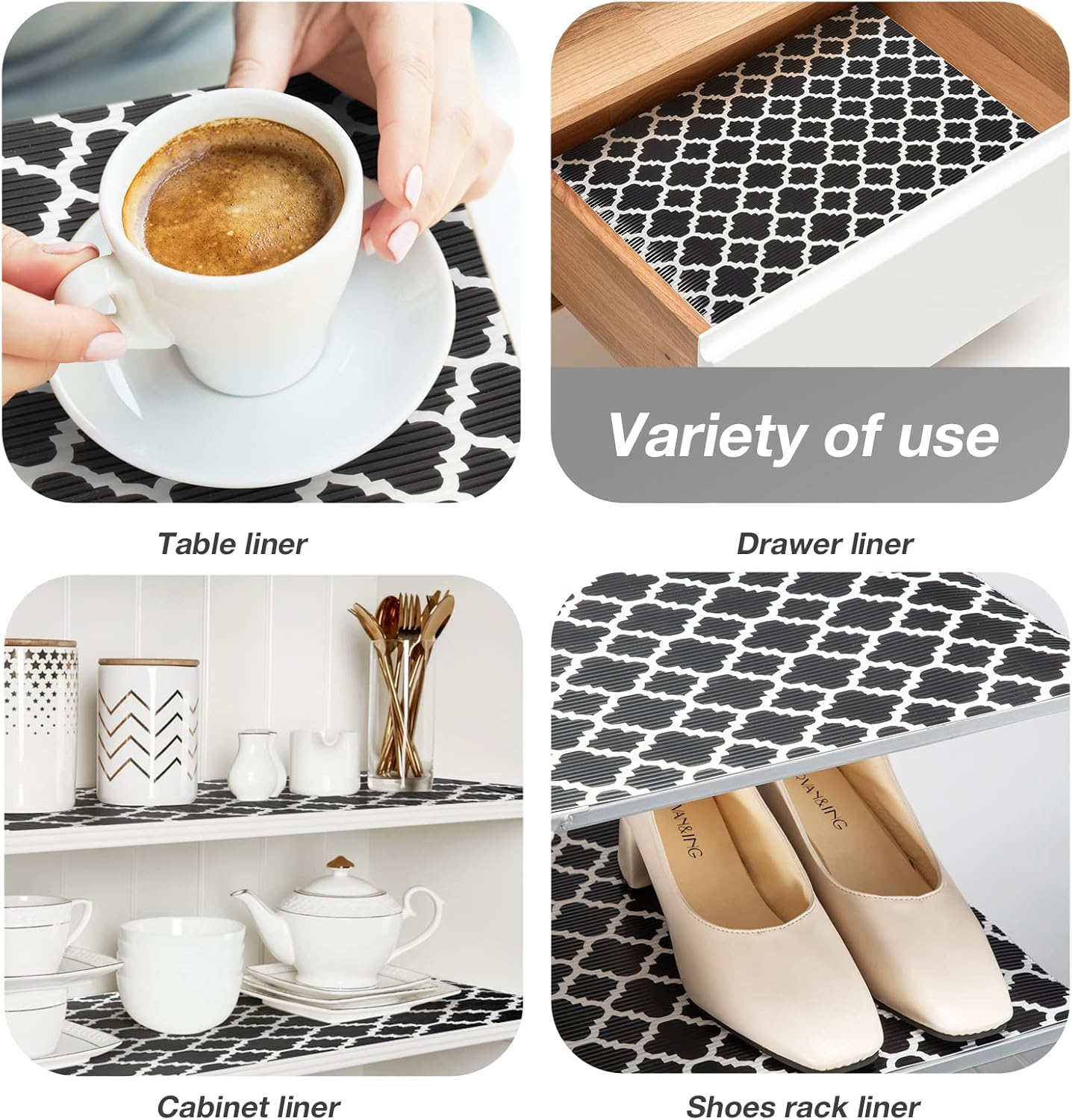 Glotoch Shelf Liners for Kitchen Cabinets 17.5” x 30 ft, Non Slip Drawer Liner, Waterproof Cabinet Liner for Wire/Pantry/Closet/Dresser-Non Adhesive, Heavy Duty, Quatrefoil, Black&White