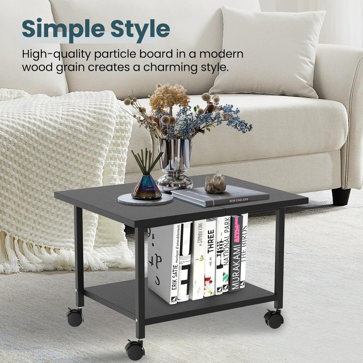 Printer Stand with Storage Under Desk Shelf, Desktop Printer Stand Organizer, Rolling Printer Cart Storage Paper Files Holder for Desk, Office, Home, (Black)