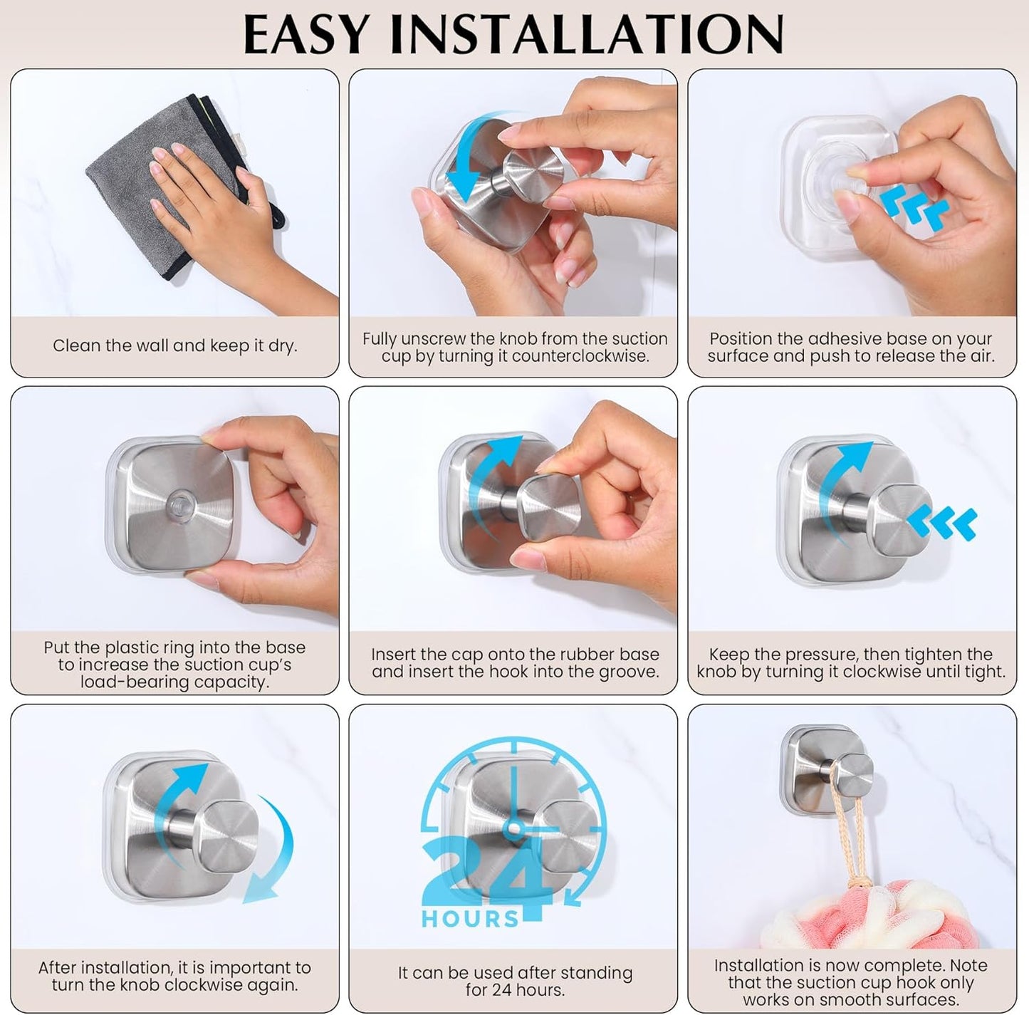 Suction Cup Hooks for Shower - Reusable No-Drill Mounting - Hooks for Towels, Robes & Loofah on Metal, Glass, Mirrors, Tile & Smooth Non-Porous Surfaces (2, Brushed Nickel)