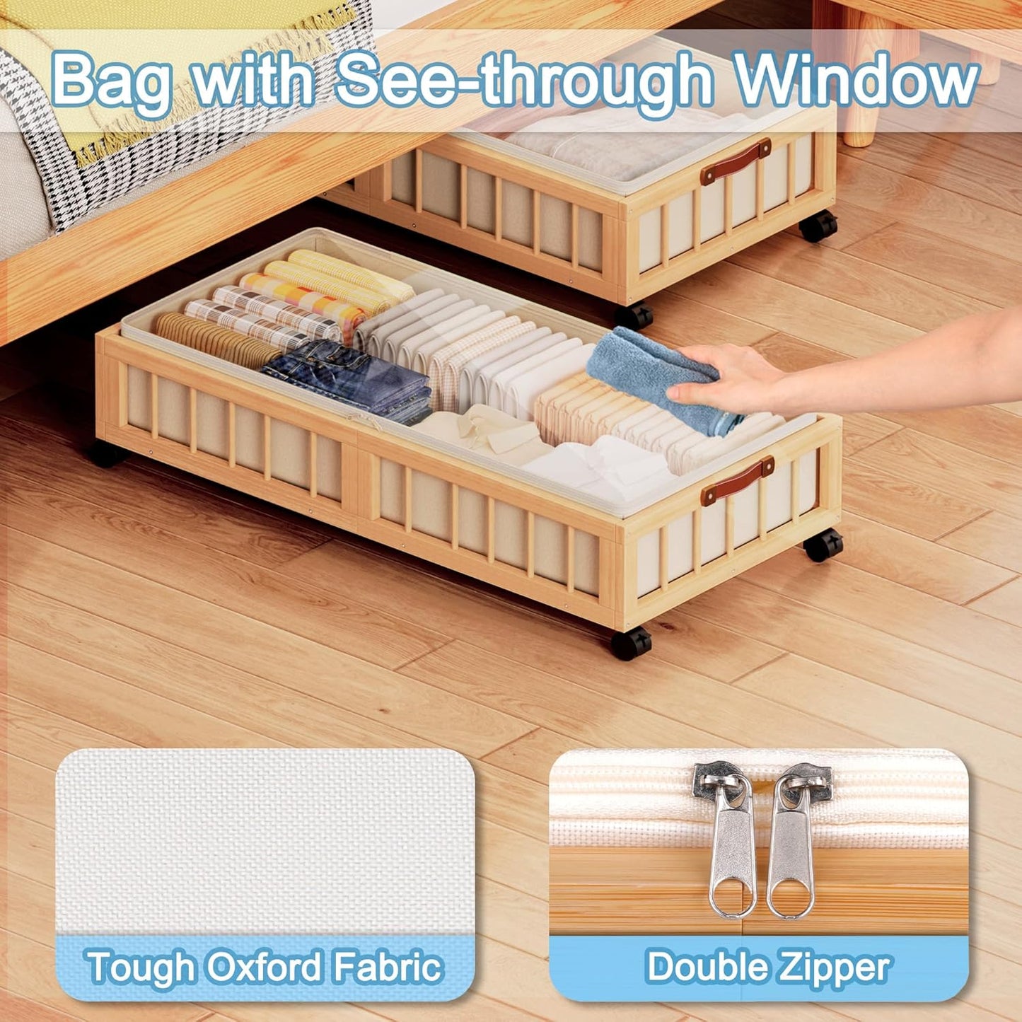 efluky 2-Pack Bamboo Under Bed Storage with Wheels, Rolling UnderBed Storage Basket with Large Dust Bag, Under Bed Storage Containers for Bedroom, Dorm and Basement, Nature