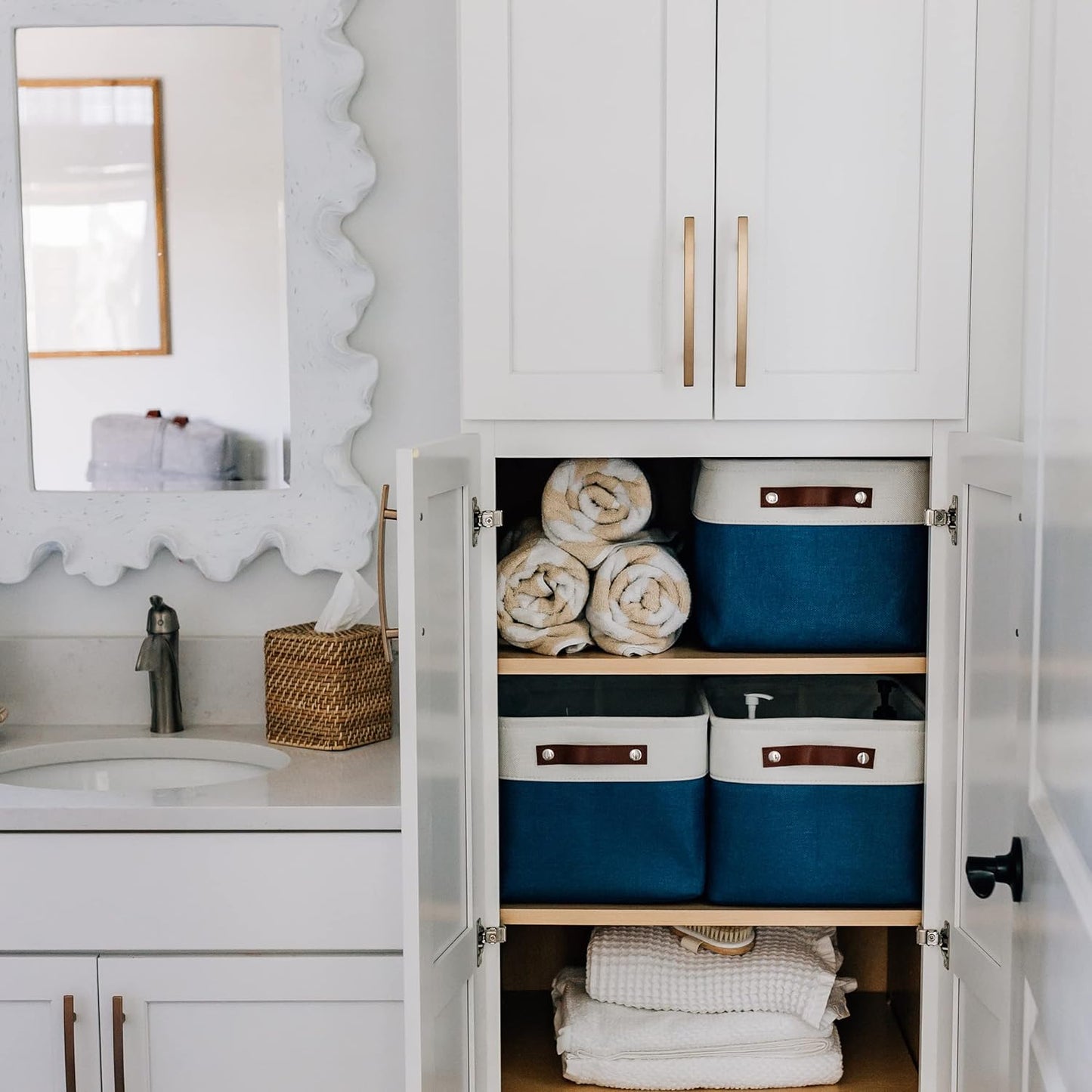 OrganiHaus Large Fabric Storage Baskets for Shelves 3 Pack, 15x11in Closet Storage Bins for Shelves, Cloth Baskets for Organizing, Linen Closet Organizers, Fabric Basket - Navy Blue/White