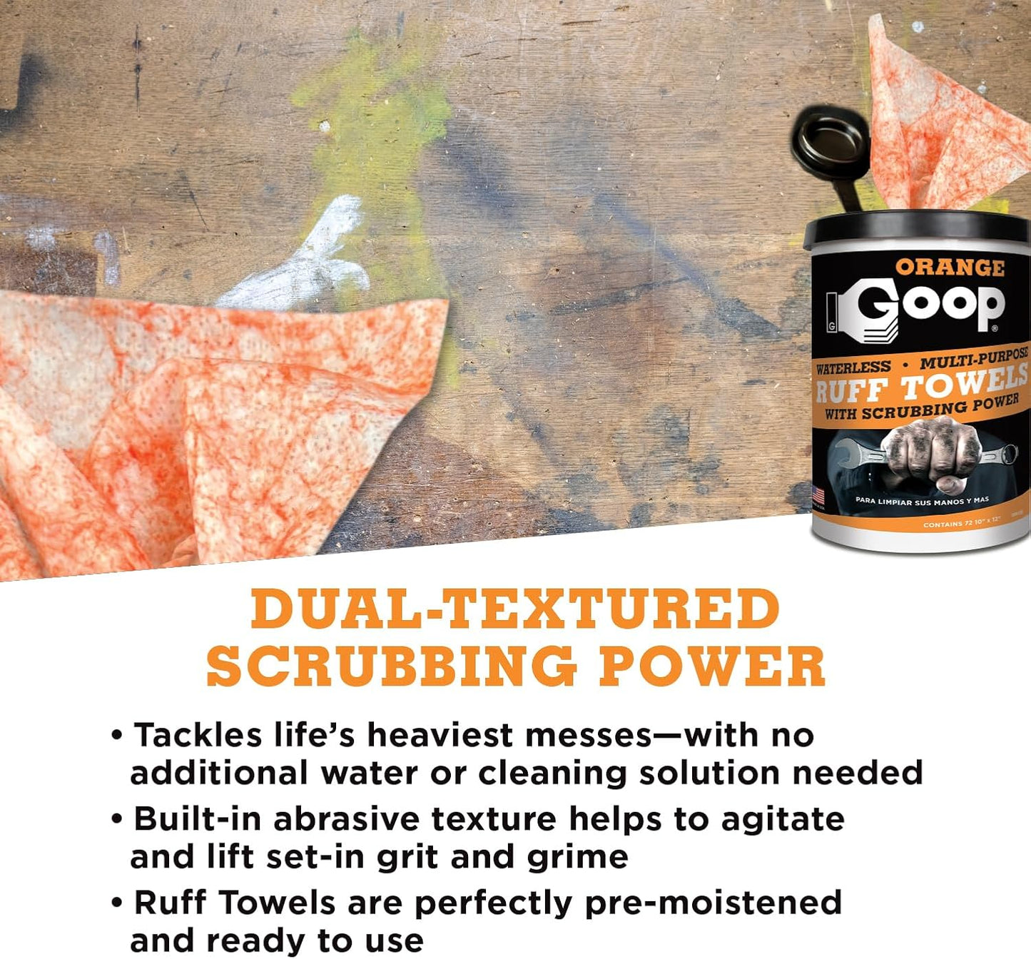 GOOP Orange Heavy Duty Ruff Towels with Scrubbing Power, 10โ x 12โ Dual Textured Multi-Purpose Cleaning Wipes, Removes Dirt, Grease, Oil, 72 Count (Pack of 2)