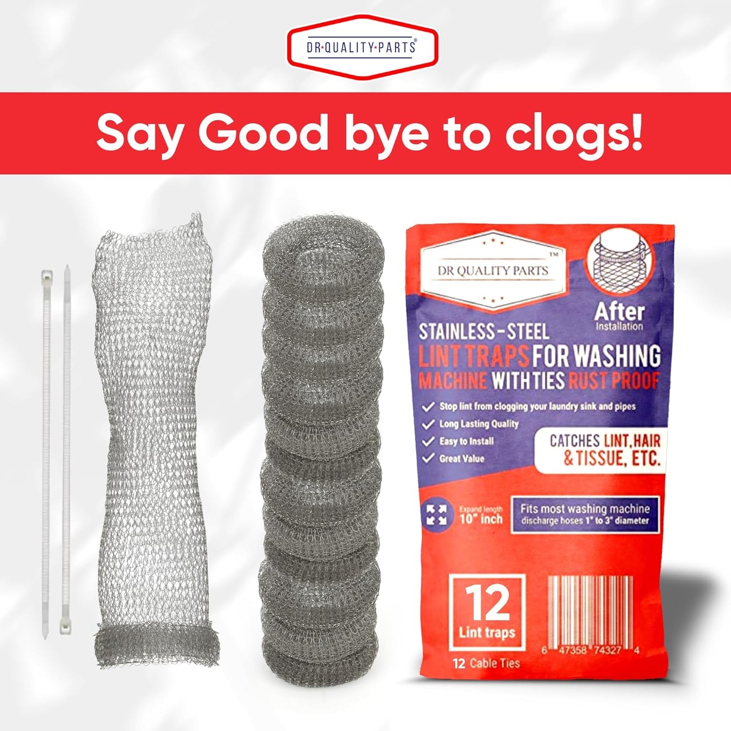 Washing Machine Lint Trap – Stainless Steel Hose Filter, Mesh Drain Catcher, Washer Sock Lint Remover, Rust-Free Snare Laundry Filter with Nylon Cable Ties, 29cmx6.5cm – 12-Pack