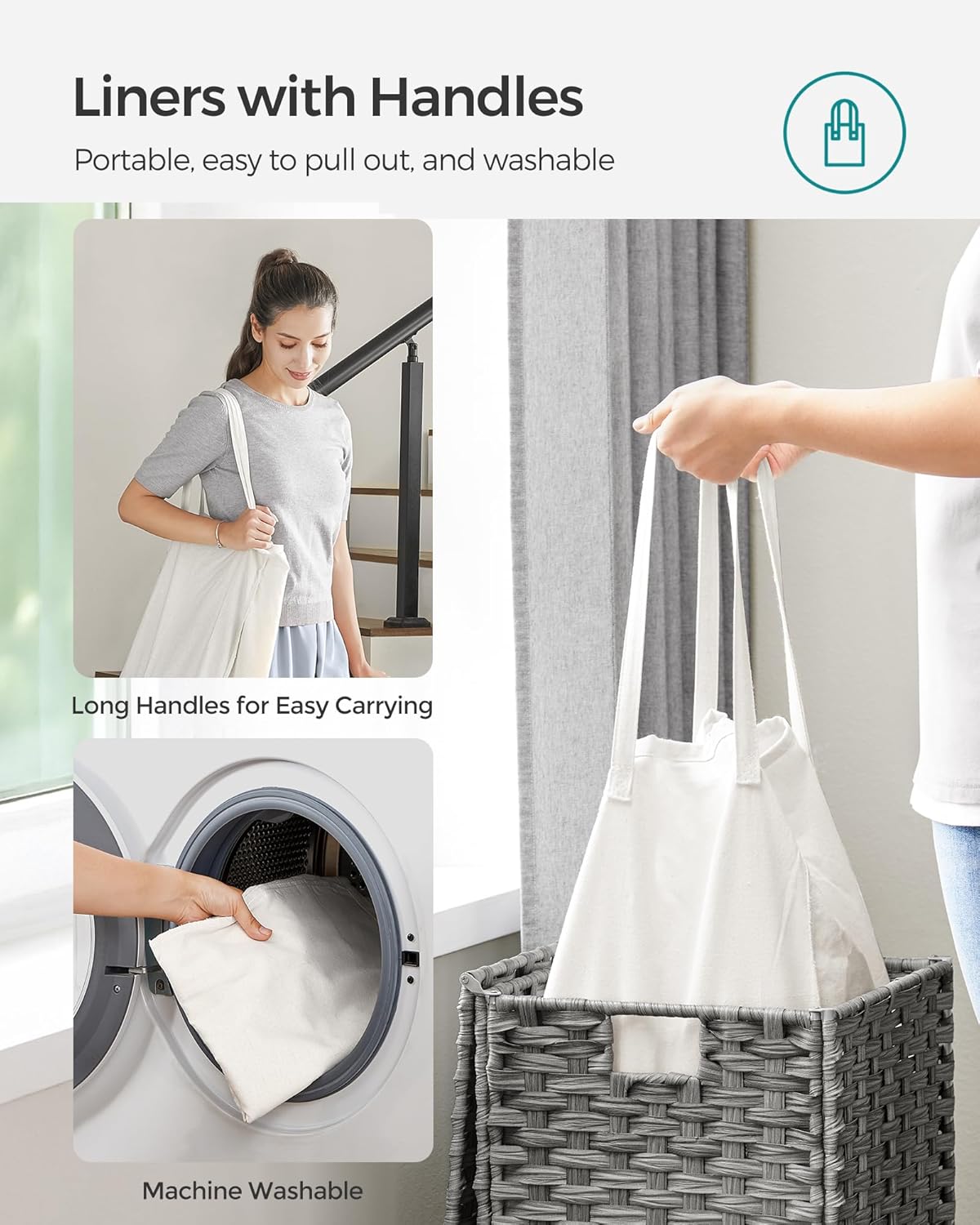SONGMICS Laundry Hamper with Lid, 17.2 Gallon (65 L) Synthetic Rattan Clothes Laundry Basket with Lid and Handles, Foldable, Removable Liner, Dove Gray ULCB165G01