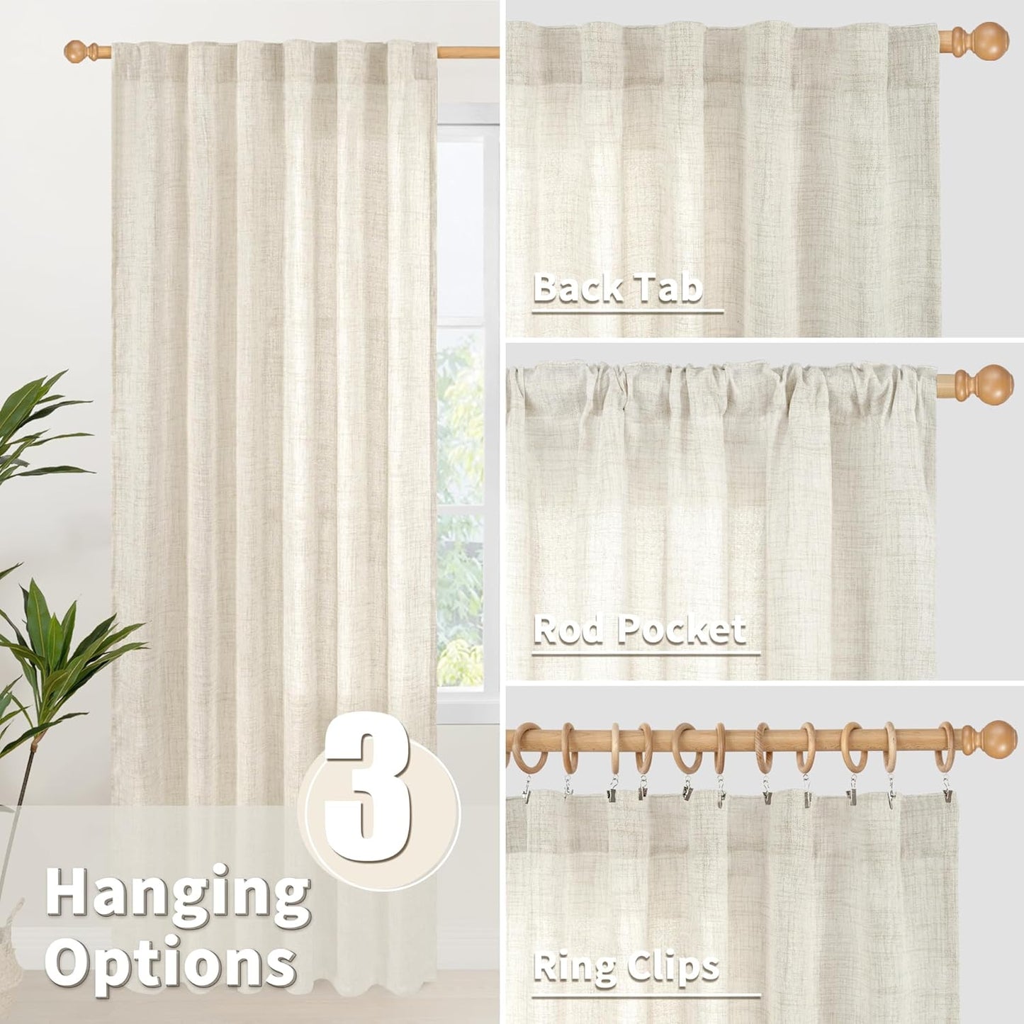 YoungsTex Linen Curtains for Living Room 2 Panels - Ivory Cream Light Filtering Drapes with Back Tab Rod Pocket Rustic Semi Sheer for Country Bedroom, 52 X 72 Inch