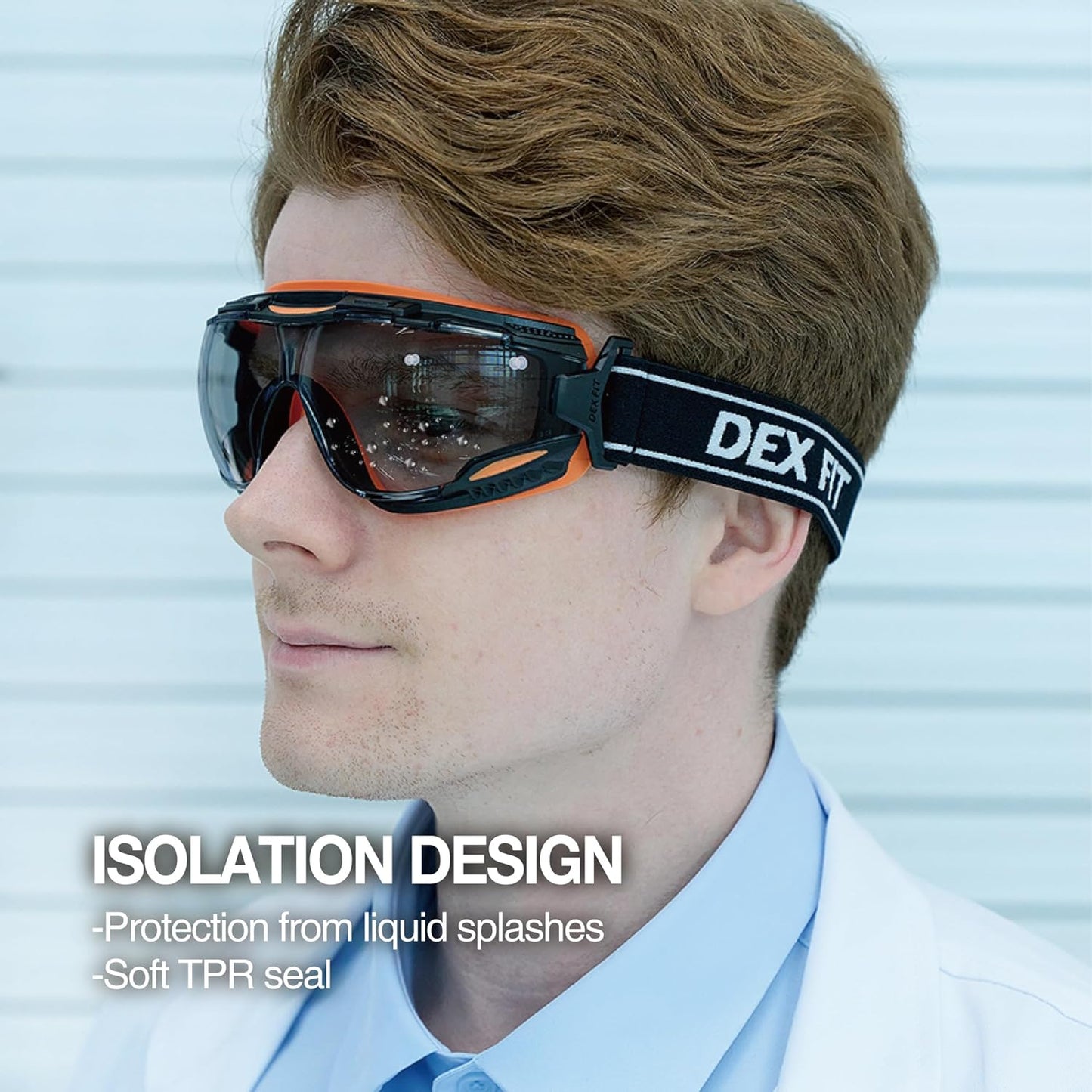 DEX FIT Protective Safety Goggles SG220; Anti Fog & Scratch, Z87 Eye Protection for Work, Adjustable for Women and Men, (Black & Orange Frame, Tinted Lens, 19cm Strap)