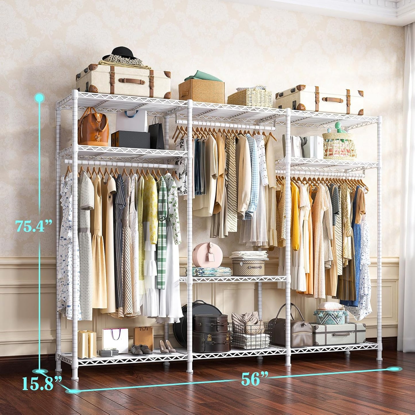 Raybee Clothes Rack Heavy Duty Load 795LBS Adjustable Clothing Racks for Hanging Clothes Garment Rack, 56" W X16 D X 75.5" H White