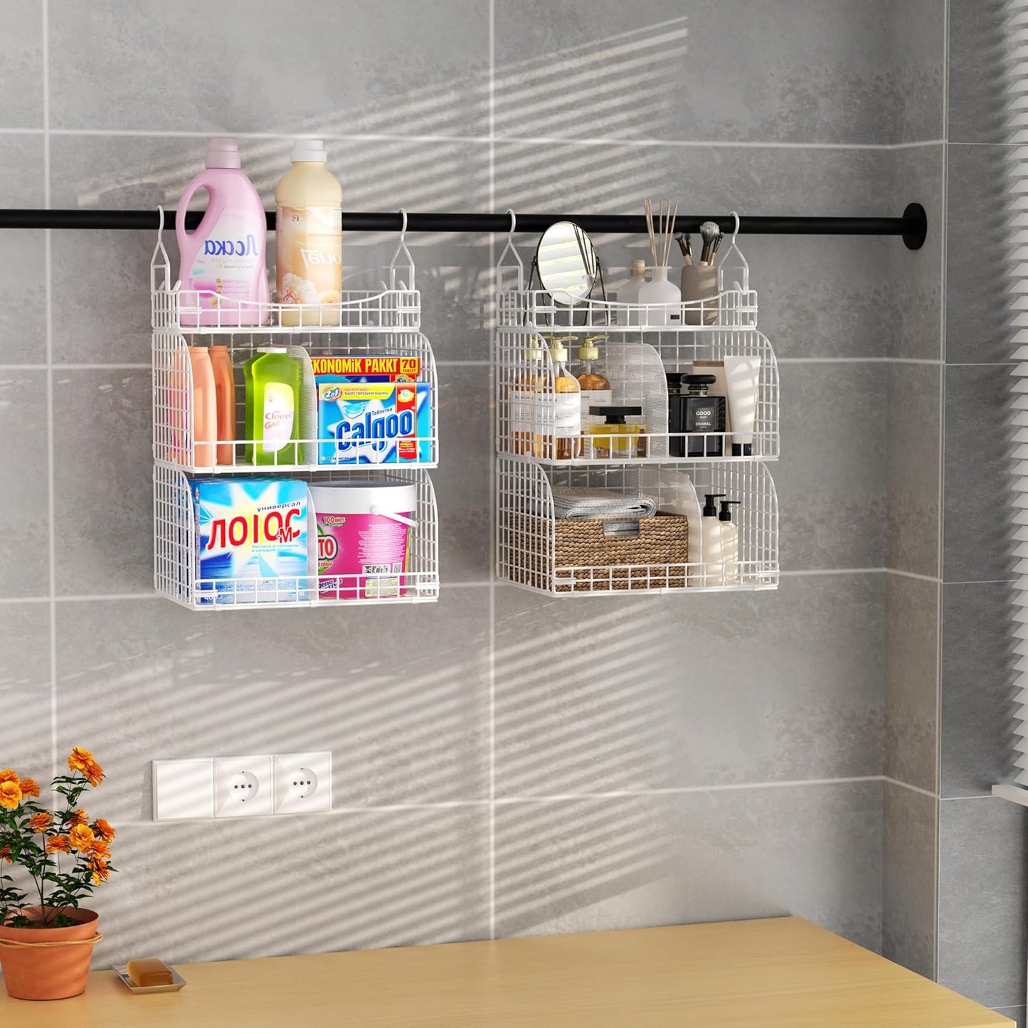 HapiRm Hanging Closet Organizer Storage - 3 Tier Metal Stackable Hanging Closet Shelves with Dividers and S Hooks, Foldable Clothes Shelves for Clothes, Pants, Shoes, Coat, Hats Clutches Accessories