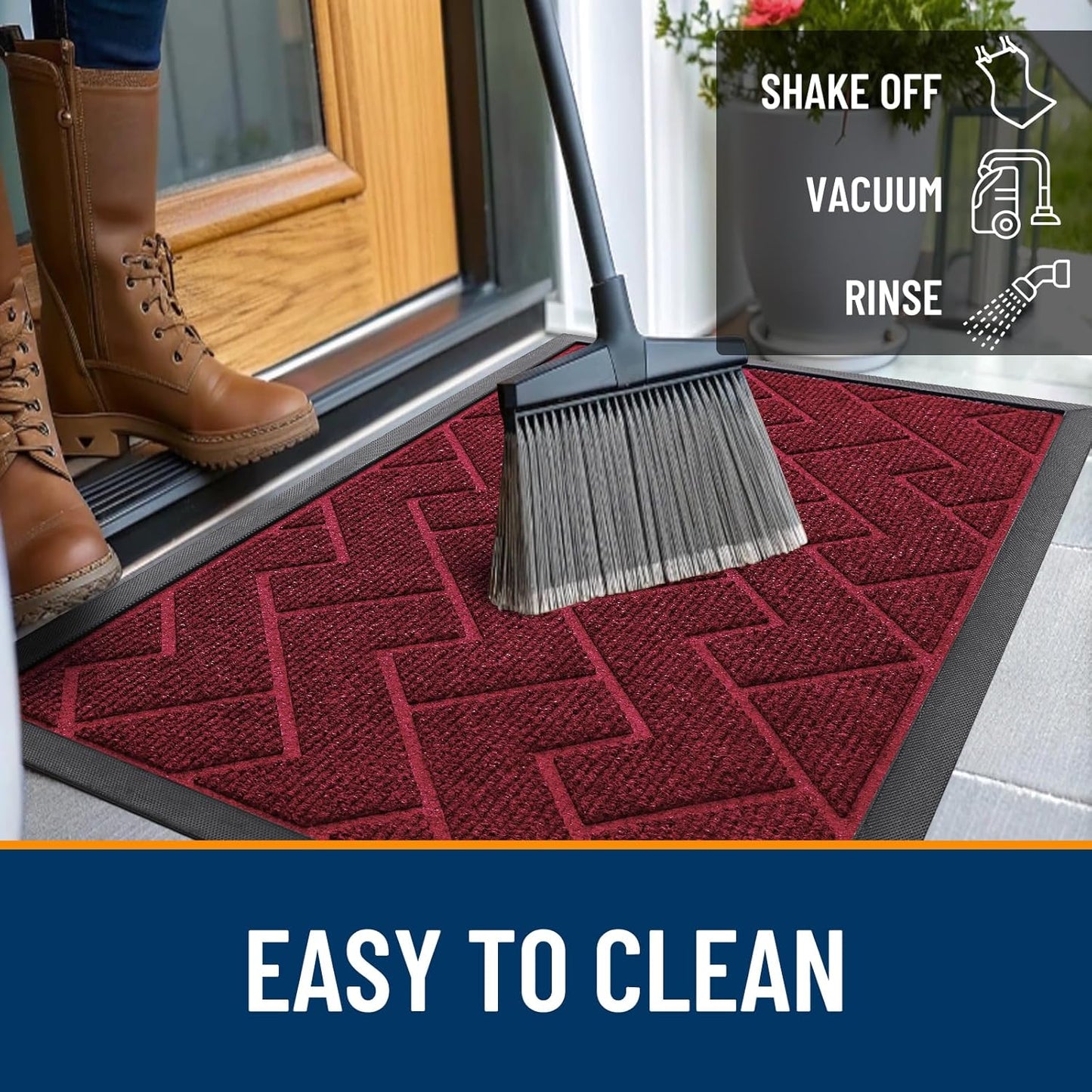OLANLY Front Door Mat Indoor Outdoor Entrance, Waterproof All-Season, All-Weather Doormat, Sturdy Natural Rubber, Low Profile, Easy Clean Patio Porch Entryway Mat, Herringbone Brick (Wine Red, 36x24)