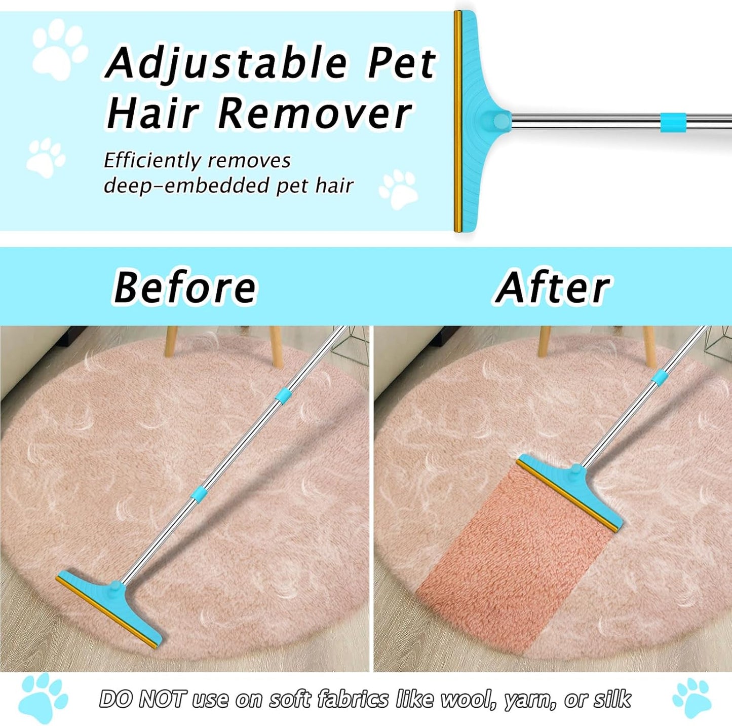 Carpet Rake for Pet Hair Removal - Reusable Pet Hair Remover, 60” Adjustable Long Handle Cat Dog Carpet Rake Scraper with Patented Design, Dog Hair Rake Brush for Rugs, Mats