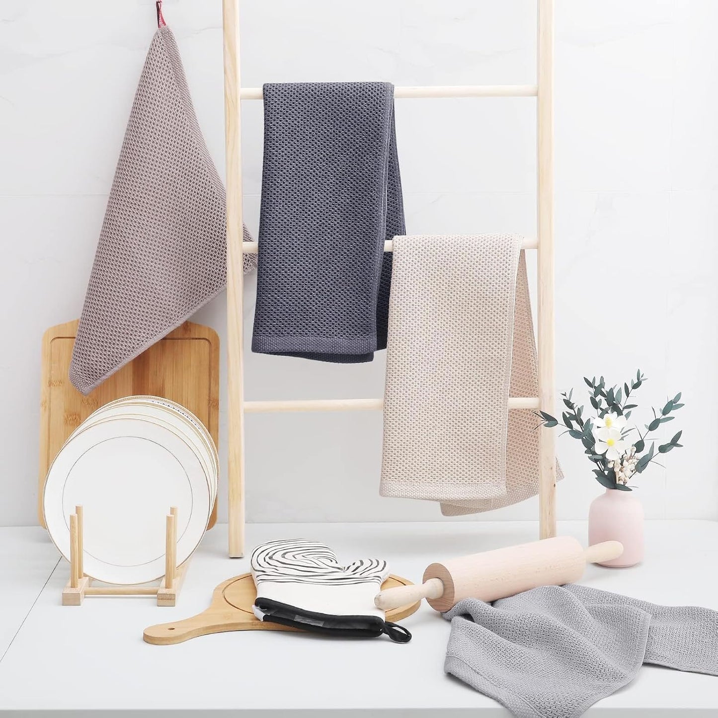 Homaxy 100% Cotton Waffle Weave Kitchen Dish Towels, Ultra Soft Absorbent Quick Drying Cleaning Towel, 13 x 28 Inches, 24-Pack, Dark Grey