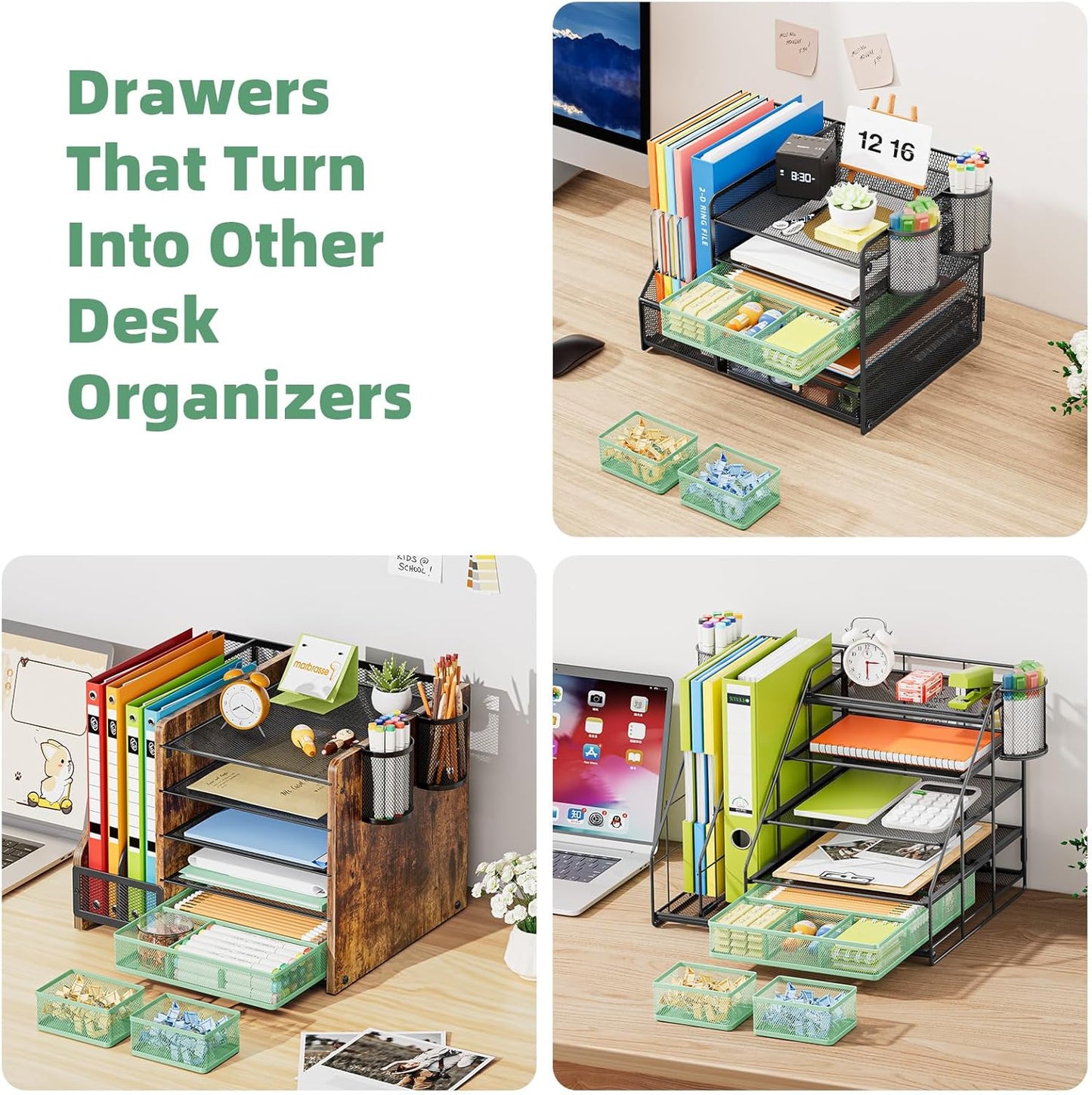 Marbrasse 3 Packs Desk Drawer Organizers, Metal Mesh Dividers with 9 Adjustable Compartments, Pen Organizer for Drawer Tray Box Accessories for Desktop,Kitchen, Makeup(Green)