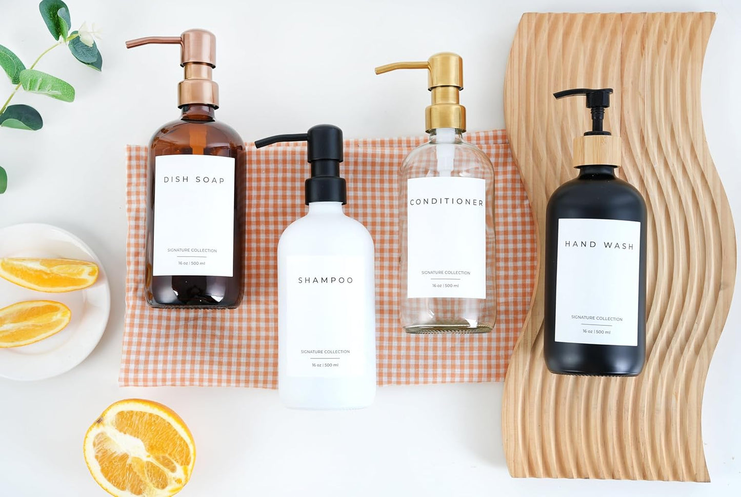 Emerson Essentials Soap Dispenser, Dish Bottles for Kitchen - Soap Bathroom Set, Glass Bottle Dispenser with Pump and Labels, 16 Oz | 2-Pack