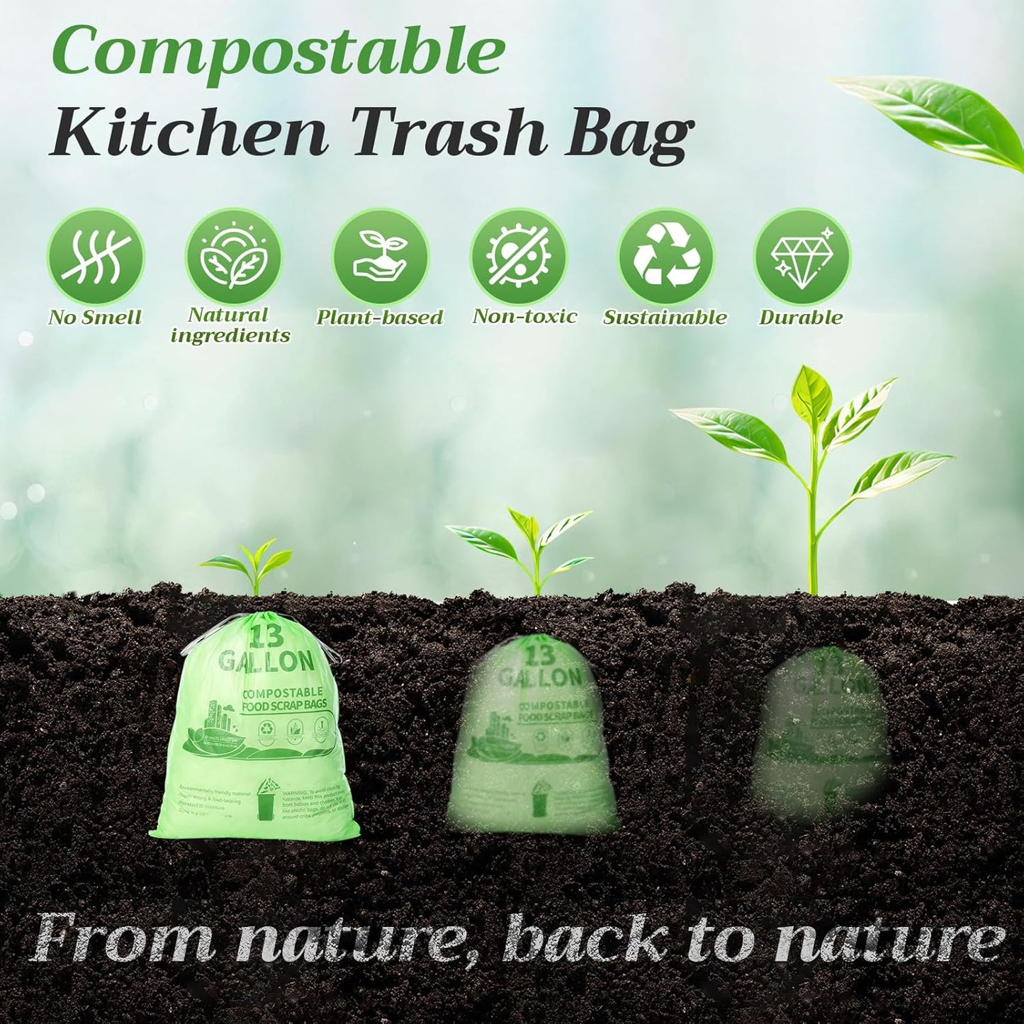 Amyhill 50 Count Compostable Kitchen Trash Bags 13 Gallon Compostable Drawstring Kitchen Waste Garbage Bags 49.2 Liter, 1.575 Mil for Bathroom Home Bedroom Office Garbage