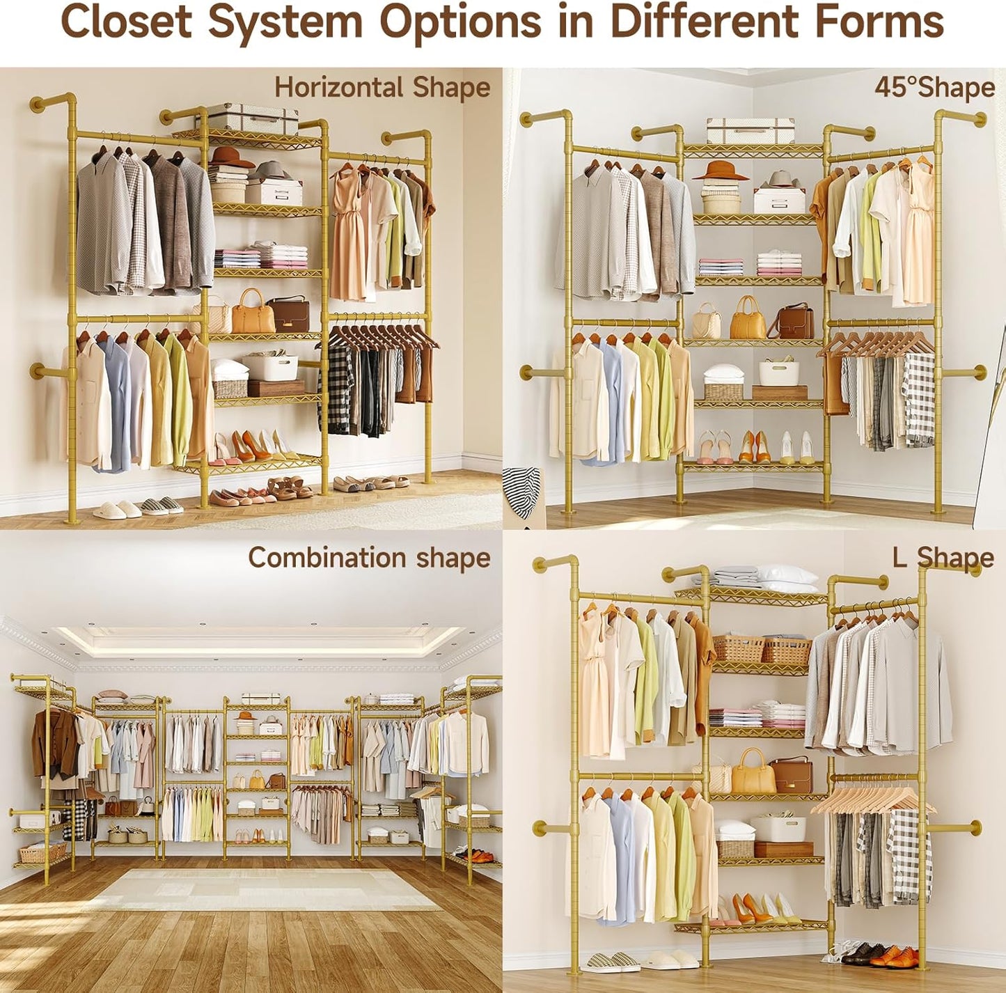 ONBRILL H3 Wall Mounted Closet System, Expandable Industrial Pipe Clothes Rack Clothing Rack for Hanging Clothes, Heavy Duty Closet Organizers and Storage in Wardrobe Closet, Gold