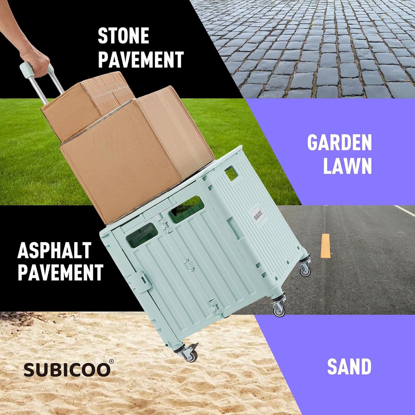 Folding Utility Cart Portable Rolling Crate Handcart Shopping Trolley Collapsible Tool Box, with Lid, on 4 Rotate Wheels, for Grocery, Shopping, Office, Camp, Teacher (Green)