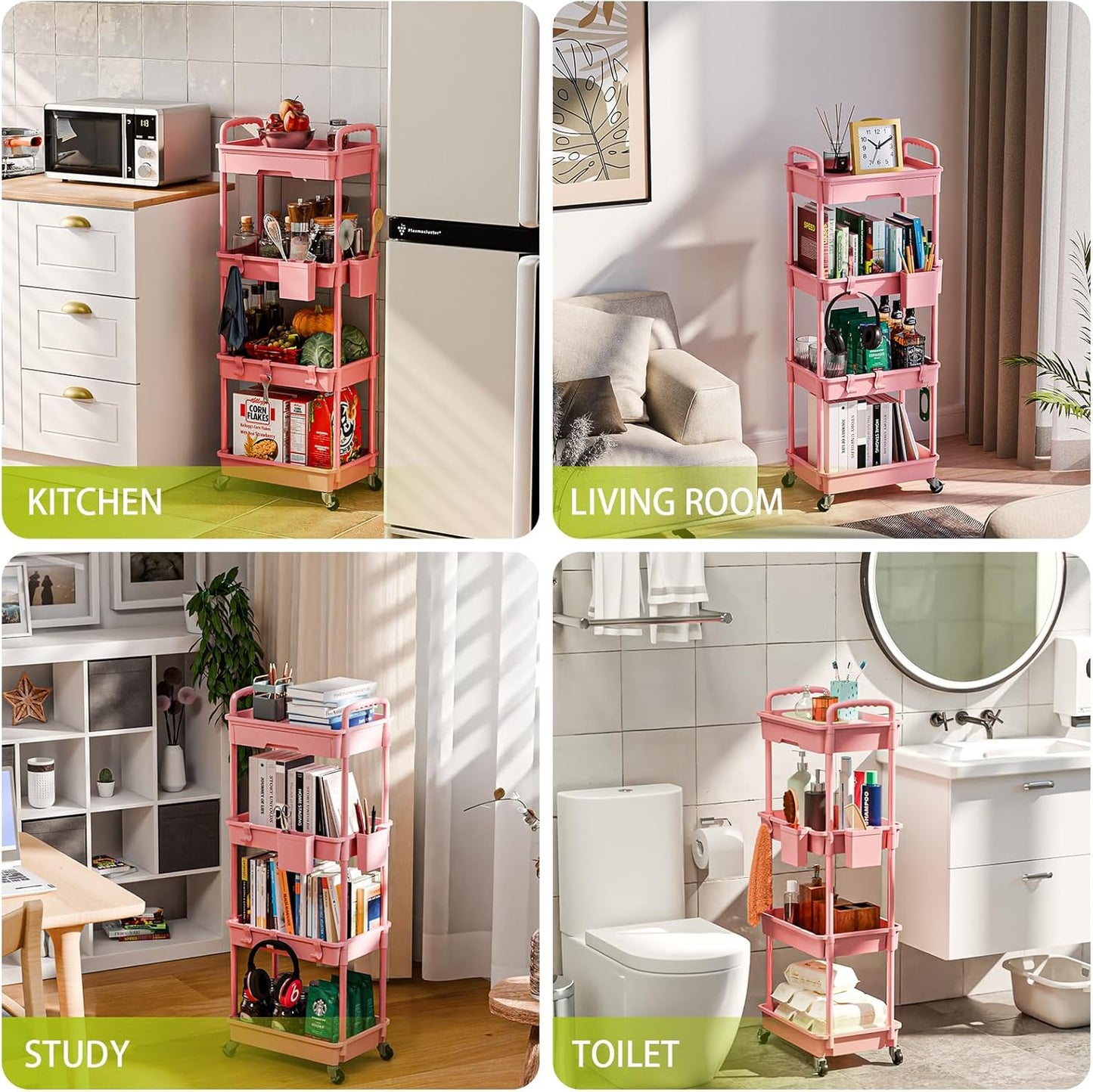 4 Tier Rolling Cart Organizer,Art Craft Diaper Bedside Snack Laundry Room Bathroom Organizer Narrow Thin Slim Rolling Trolley Utility Cart with Wheels for Kitchen,Office(Pink)