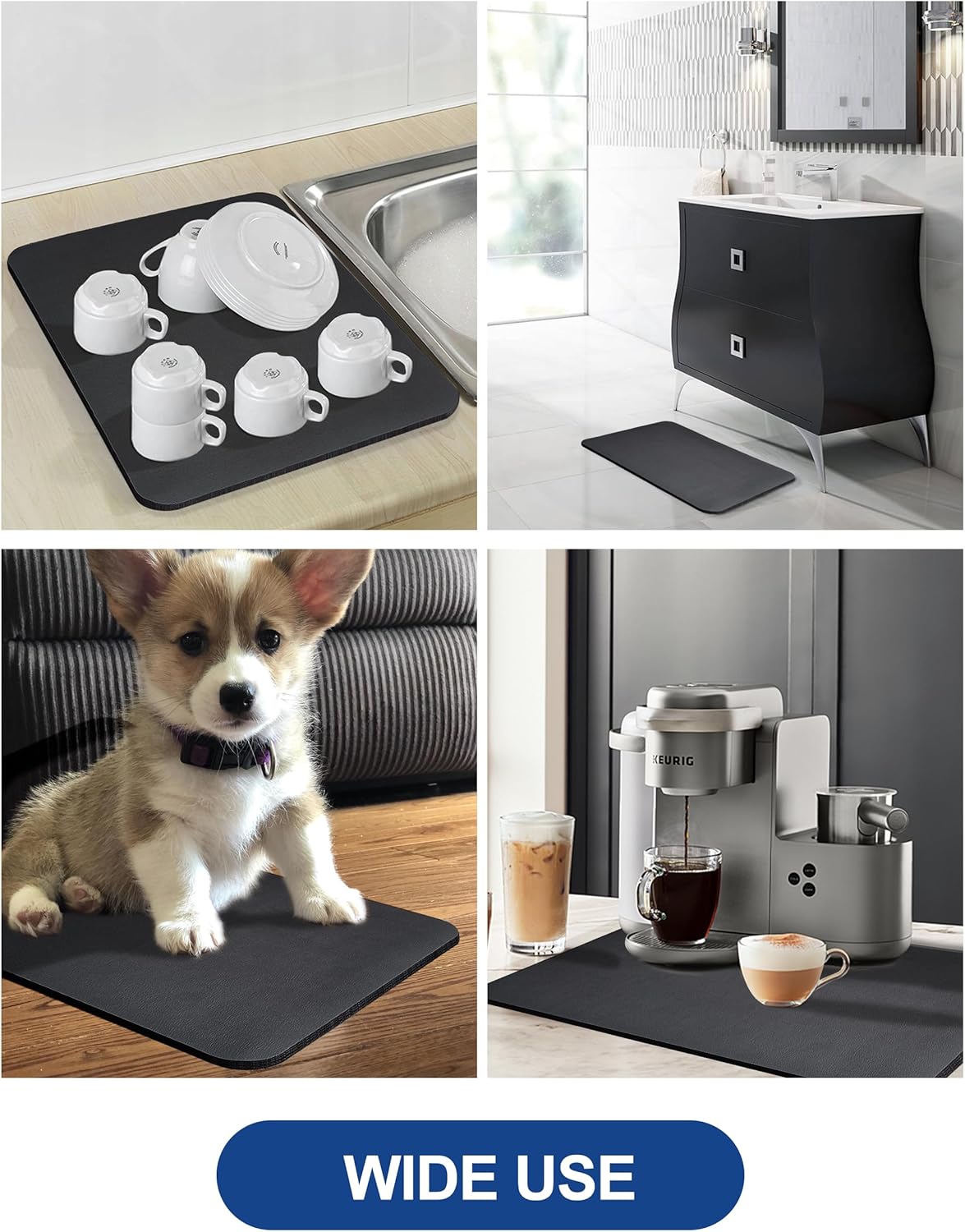 Dish Drying Mat for Kitchen Counter, 16"x24" Dish Drying Pad with Non-slip Rubber Backed, Hide Stain Anti Absorbent for Kitchen Counter, Drying Mat for Coffee Machine Dish Rack (Black)