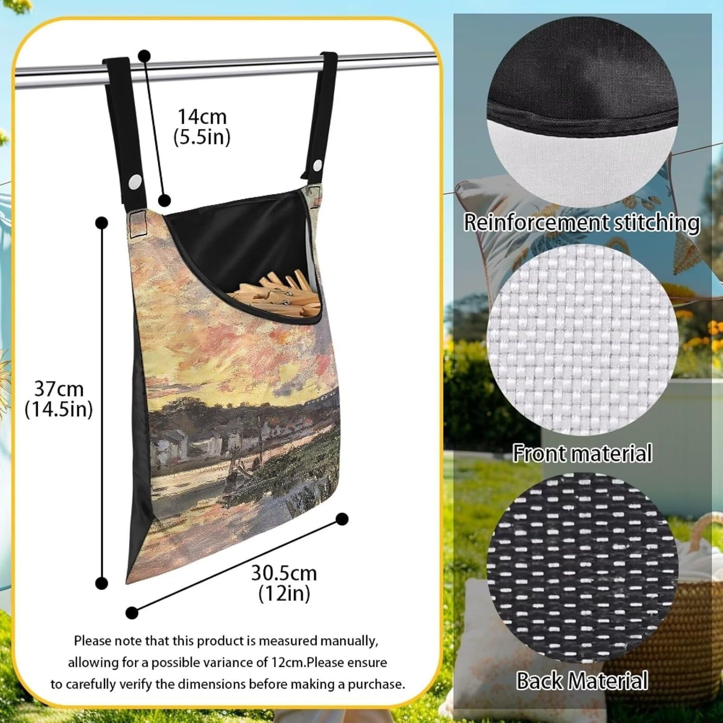 All-Weather Clothespin Holder Bag - Bennecourt, Soleil Couchant Durable Outdoor Storage Solution for Clothes Pins - Features Windproof Design & Secure Snap Closure - 14.5"x12" Size