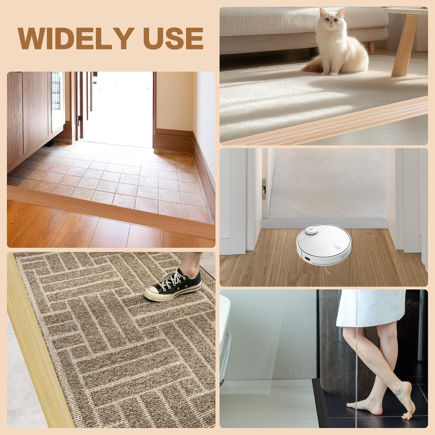 Floor Transition Strip Vinyl Door Threshold Ramp Self Adhesive Carpet Edging Strip Doorway Edge Trim, Overlap Edge Reducer for Laminate Carpet, Floor, Tile (Raw Wood Grain, 3/5" to 4/5", 6.6Ft)