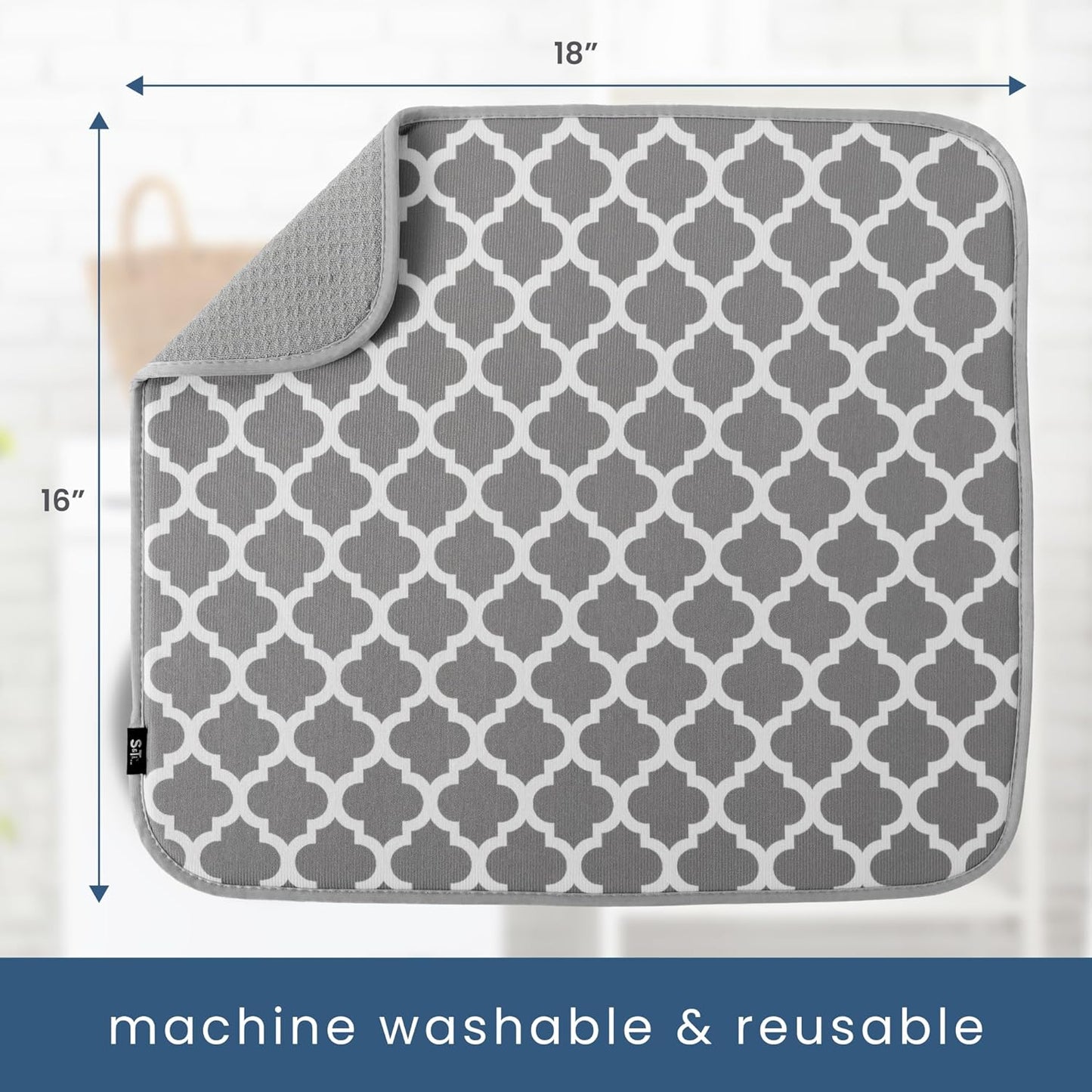 S&T INC. Dish Drying Mat, 16” x 18”, Absorbent Microfiber Kitchen Counter Mat, Dish Drying Pad for Dishes, Utensils, Pots and Pans, Large, White Trellis