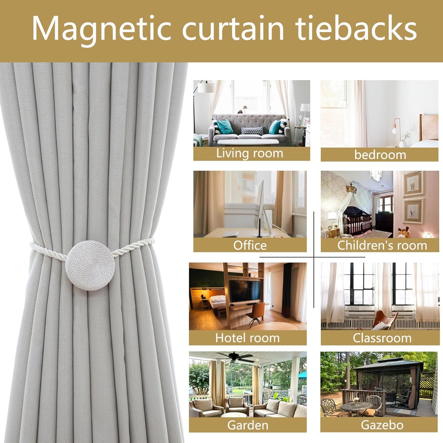 Magnetic Curtain Tiebacks - 12mm Magnetic Tie Backs for Curtains, Heavy Duty No Drill Curtain Holdbacks for Home/Office Windows Drapes, Elegant Gift-Ready Design 7 Colors (2, Beige)