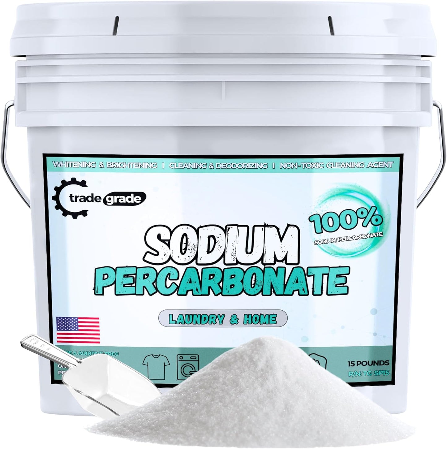 TradeGrade Sodium Percarbonate Powder – Eco-Friendly Non-Toxic Oxygen Bleach for Laundry, Home & Outdoor Cleaning – Biodegradable, Scent-Free, Multi-Purpose Cleaner in Resealable Bucket (15 Pounds)