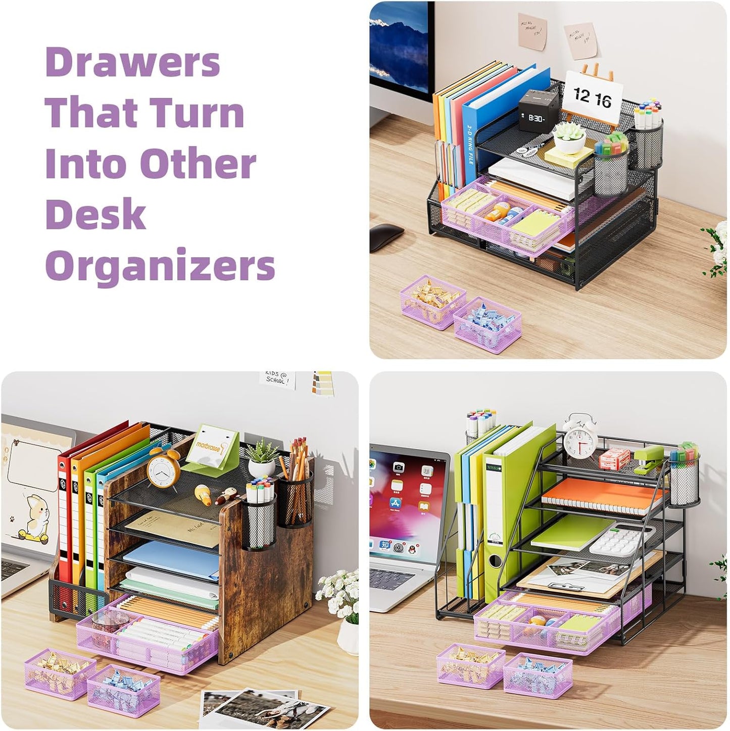 Marbrasse 3 Packs Desk Drawer Organizers, Metal Mesh Dividers with 9 Adjustable Compartments, Pen Organizer for Drawer Tray Box Accessories for Desktop,Kitchen, Makeup(Purple)
