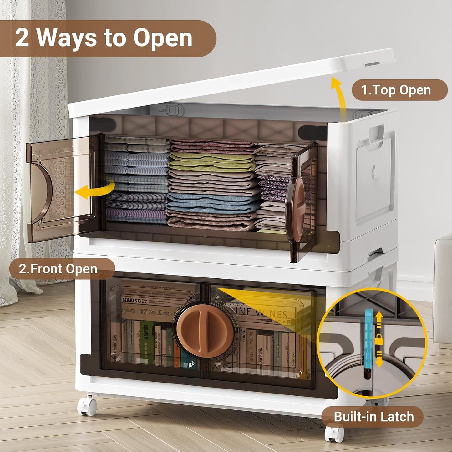 BROVIEW 480Qt Lockable Stackable Storage Bins with Lids, Closet Organizers and Storage Drawer, Collapsible Storage Bin with Wheels, Plastic Cabinet for Toy Clothes Dorm Organizer, V9 4 Pack Brown