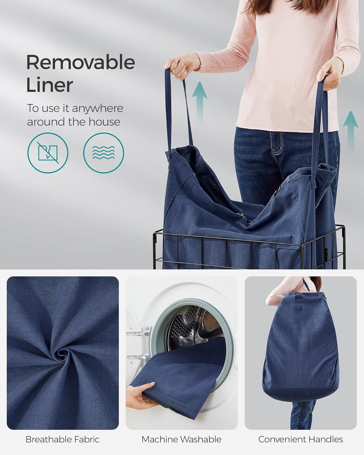 SONGMICS Laundry Hamper, 23.8 Gal. (90L) Laundry Basket, Collapsible Clothes Hamper, Removable and Washable Liner, Metal Wire Frame, for Bedroom Bathroom, Black and Charcoal Blue ULCB190Q01