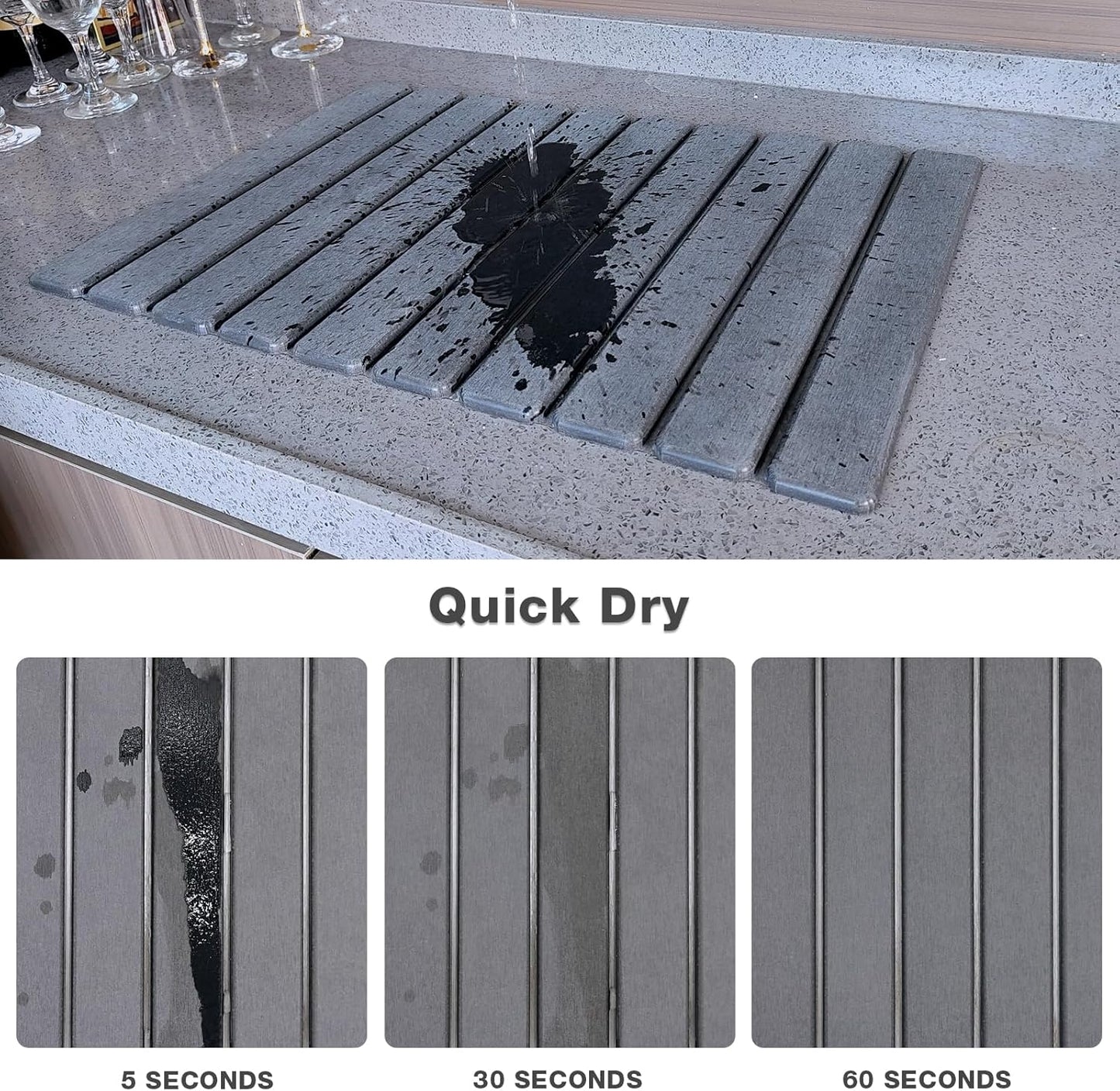 Large Diatomite Kitchen Counter Drying Mat – 24”x16”, Aesthetic Stone Mat for Dishes, Roll-Up Space-Saving & Quick-Drying Stone Rack, Dark Grey