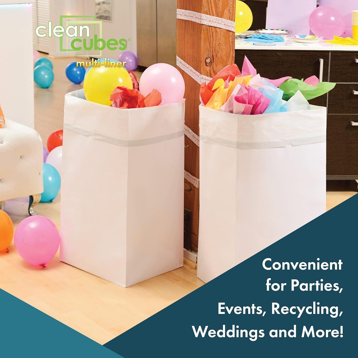 30 Gallon Disposable Pop-Up Trash Cans (3-Pack, Multi-Liner) with Fitted Bags – Foldable Garbage & Recycling Bins for Parties, Events & Kitchen (White 30" H x 14" W x 17" D)