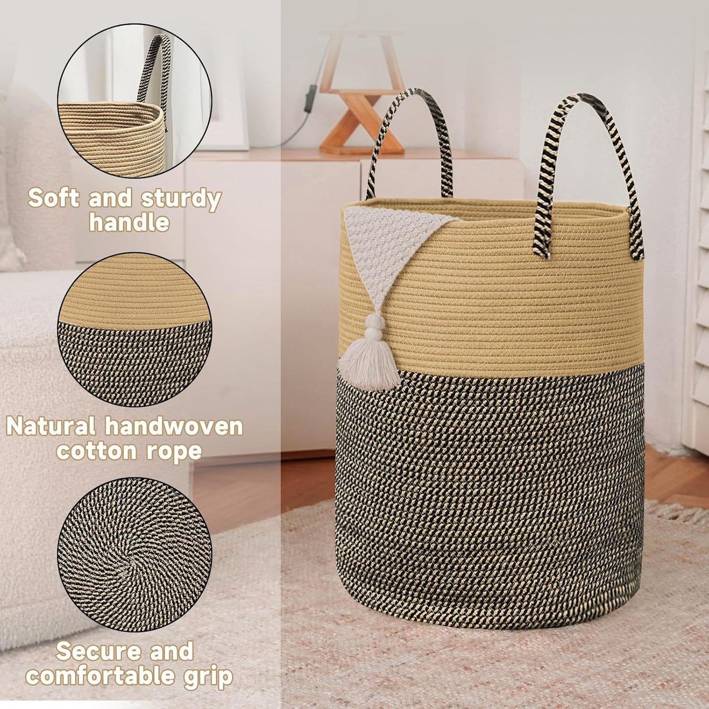 Large Woven Laundry Basket Hamper,100L Cotton Rope Storage Bin for Blankets,Toys and Clothes,Decorative Tall Nursery Hamper for Living Room,Baby Nursery,Bathroom and Bedroom,Brown and Black