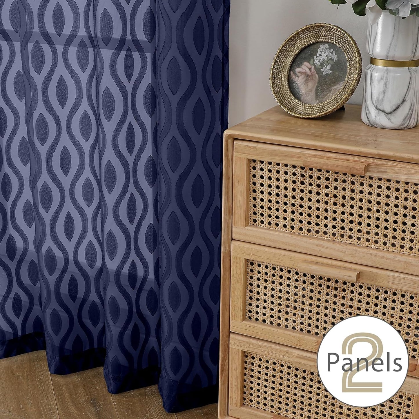 Aiyufeng Extra Long Sheer Curtains 96 Inches Long for Bedroom 2 Panels Set, Modern Light Filtering Wavy Line Clip Jacquard See Through Curtains for Bedroom Living Room, Navy Blue, 40" Wx96 L Inches