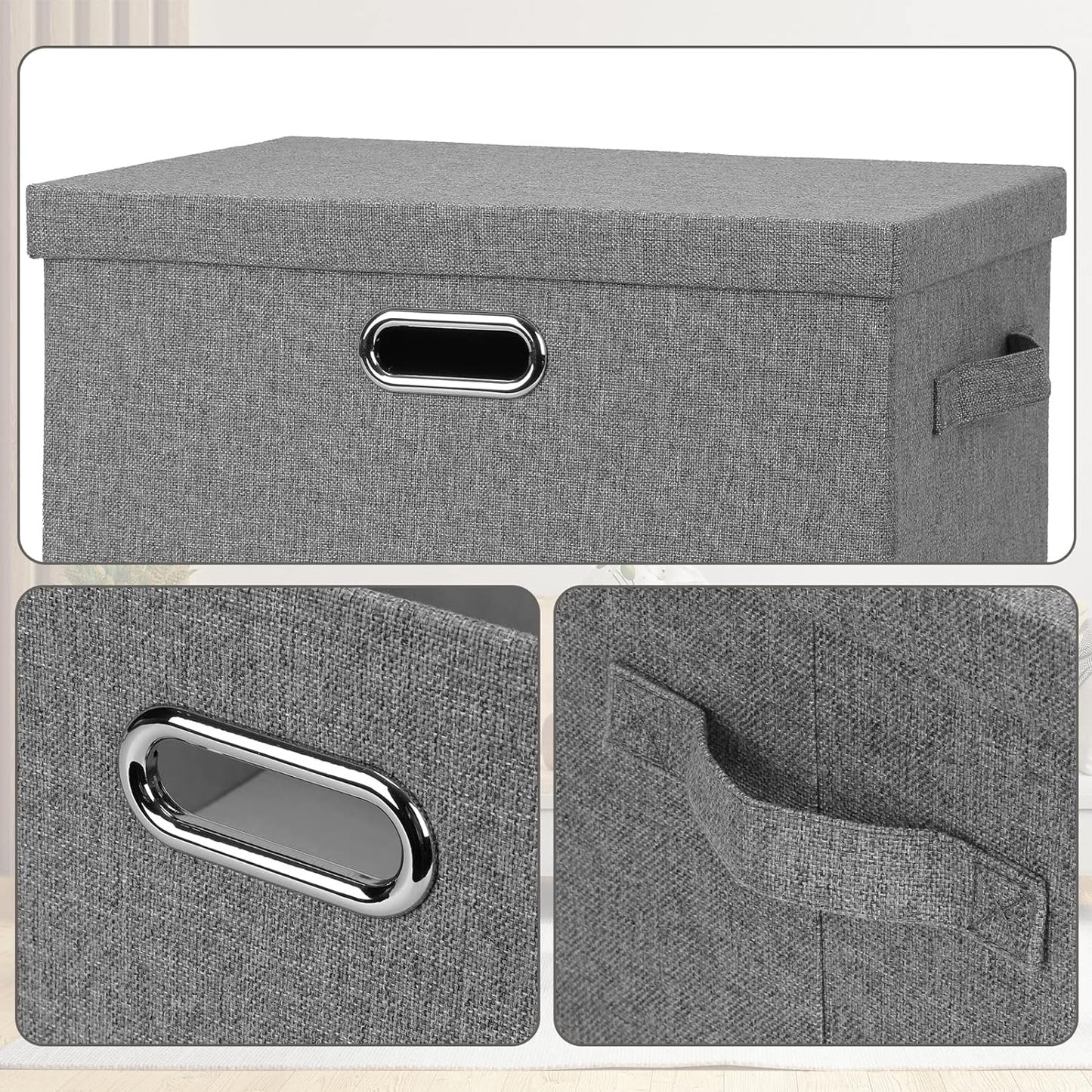 Large 17" 36 Quart Collapsible Stackable Storage Bins with Lids, 3 Packs Grey Linen Fabric Closet Boxes with Lids, Storage Cube Baskets Container Organizers for Bedroom Office(17 x12 x11)