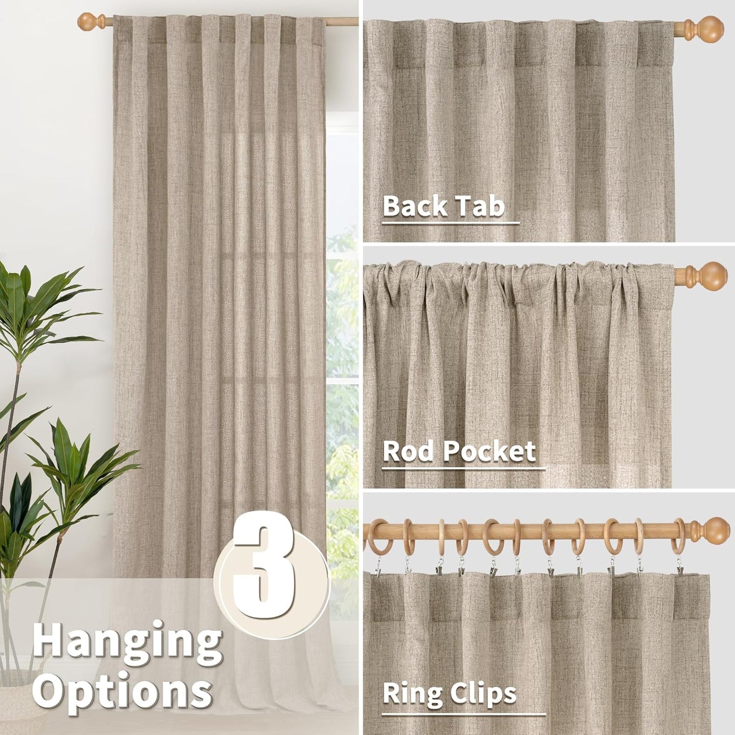 YoungsTex Dark Oatmeal Linen Semi Sheer Curtains 2 Panels for Living Room - Tan Window Drapes Light Filtering with Back Tab Rod Pocket Privacy for Farmhouse Bedroom, 52 X 72 Inch