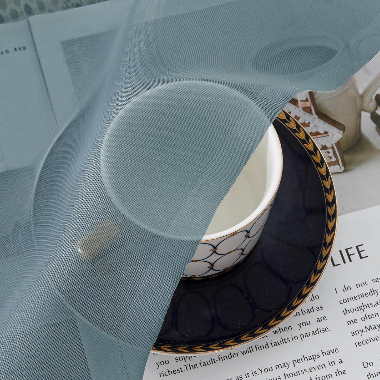 Chyhomenyc Stone Blue Sheer Curtains 30 inch Length 2 Panels, Light Filtering Voile Rod Pocket Short Window Curtians for Bathroom Living Room Farmhouse Small Windows, 42Wx30L inches