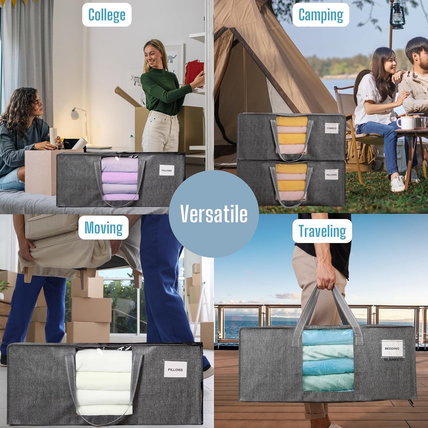 VENO 8 Pack Moving Bags Extra Large Storage Bags for College Move-In, Heavy-Duty Storage Totes, Packing Boxes, and Wardrobe Moving Supplies - Durable Laundry Bags for Clothes (Gray w/Window, 8 Pack)